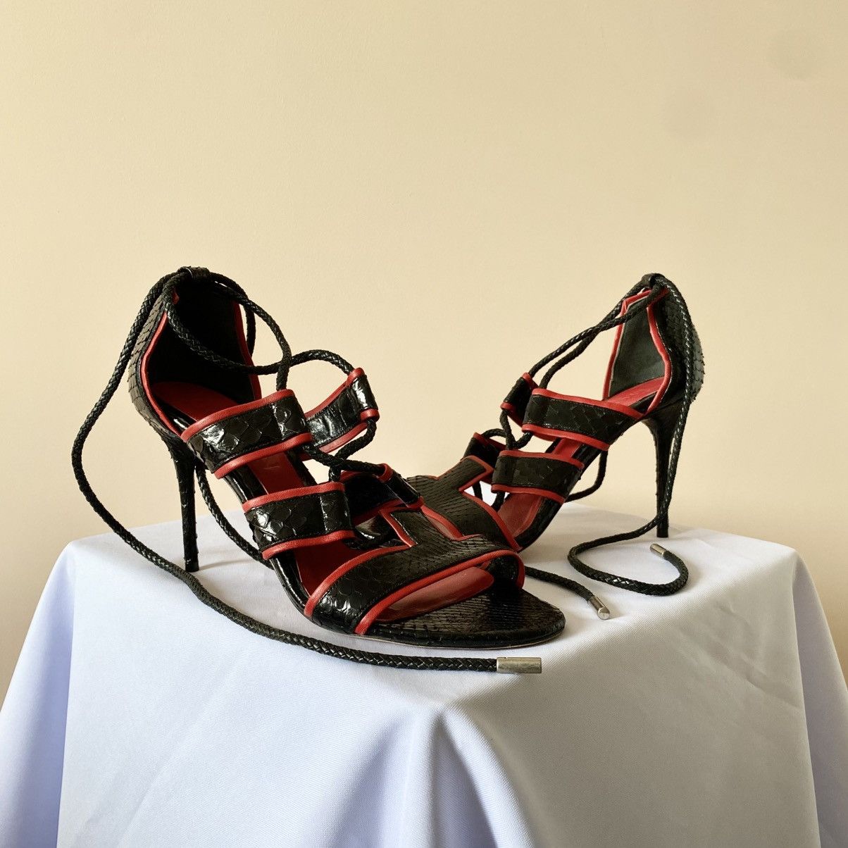 Alexander McQueen Alexander McQueen Python Black/Red Lace Up Heels Sandals Y2K Size US 10 / IT 40 - 1 Thumbnail