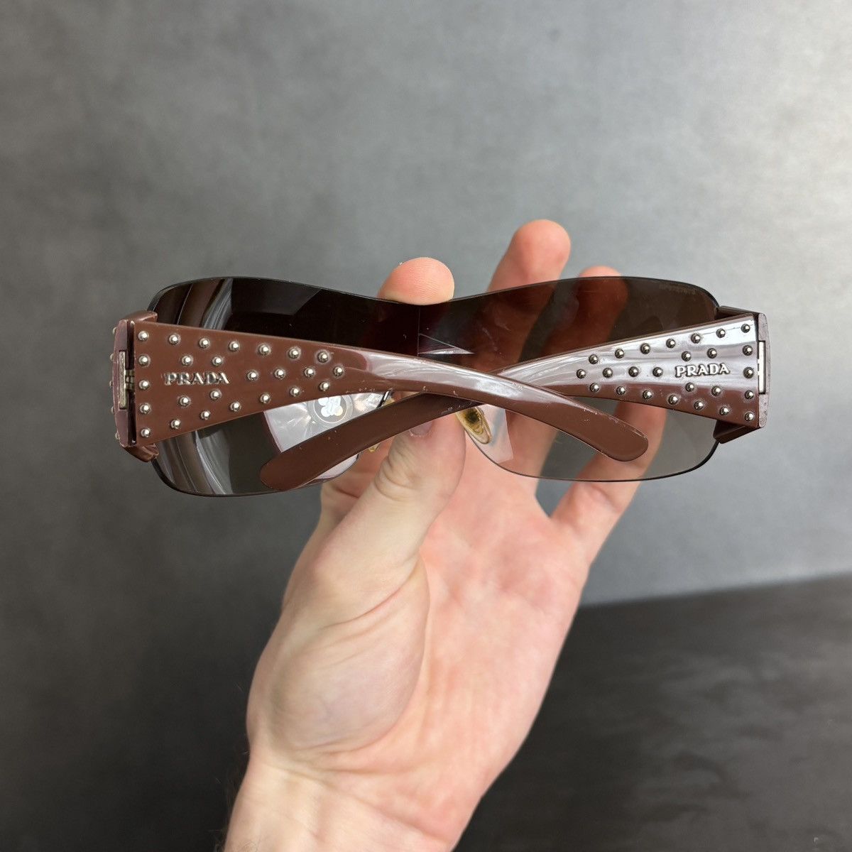 Prada 2011 Prada Sunglasses Y2K Prada Studded Shield Wrap SPR 29L Size ONE SIZE - 13 Thumbnail