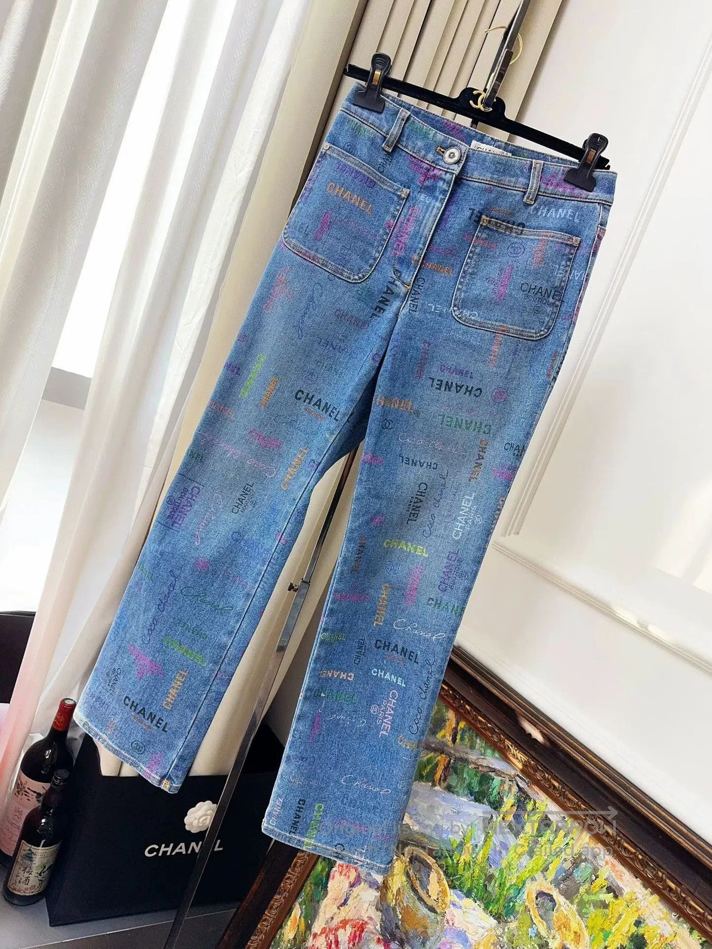 Chanel colorful chanel logo blue denim pants. Size US 38 / EU 54 - 1 Thumbnail