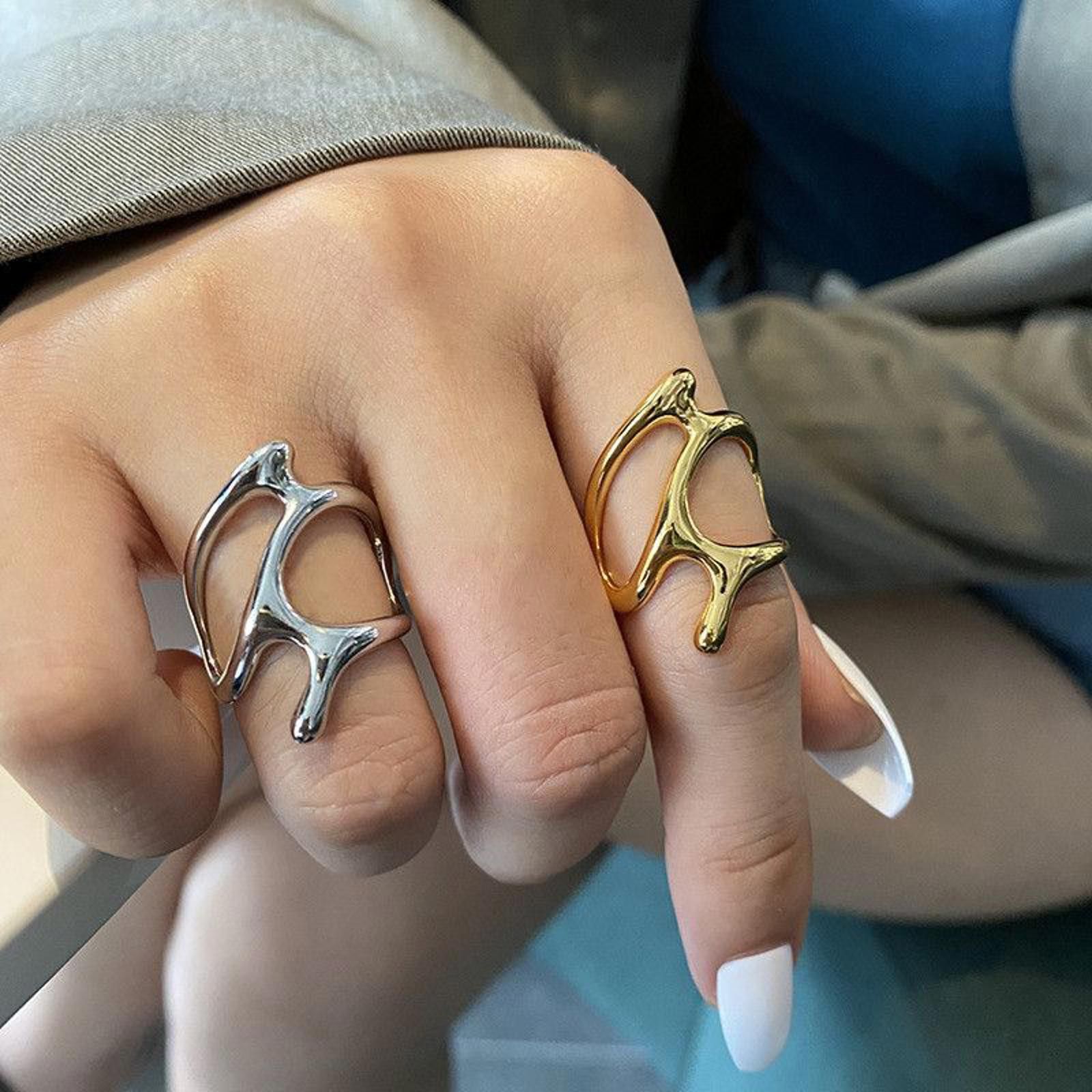 Jewelry Liquid Metal Chunky Hollow Open Adjustable Set Of Rings Size ONE SIZE - 2 Thumbnail