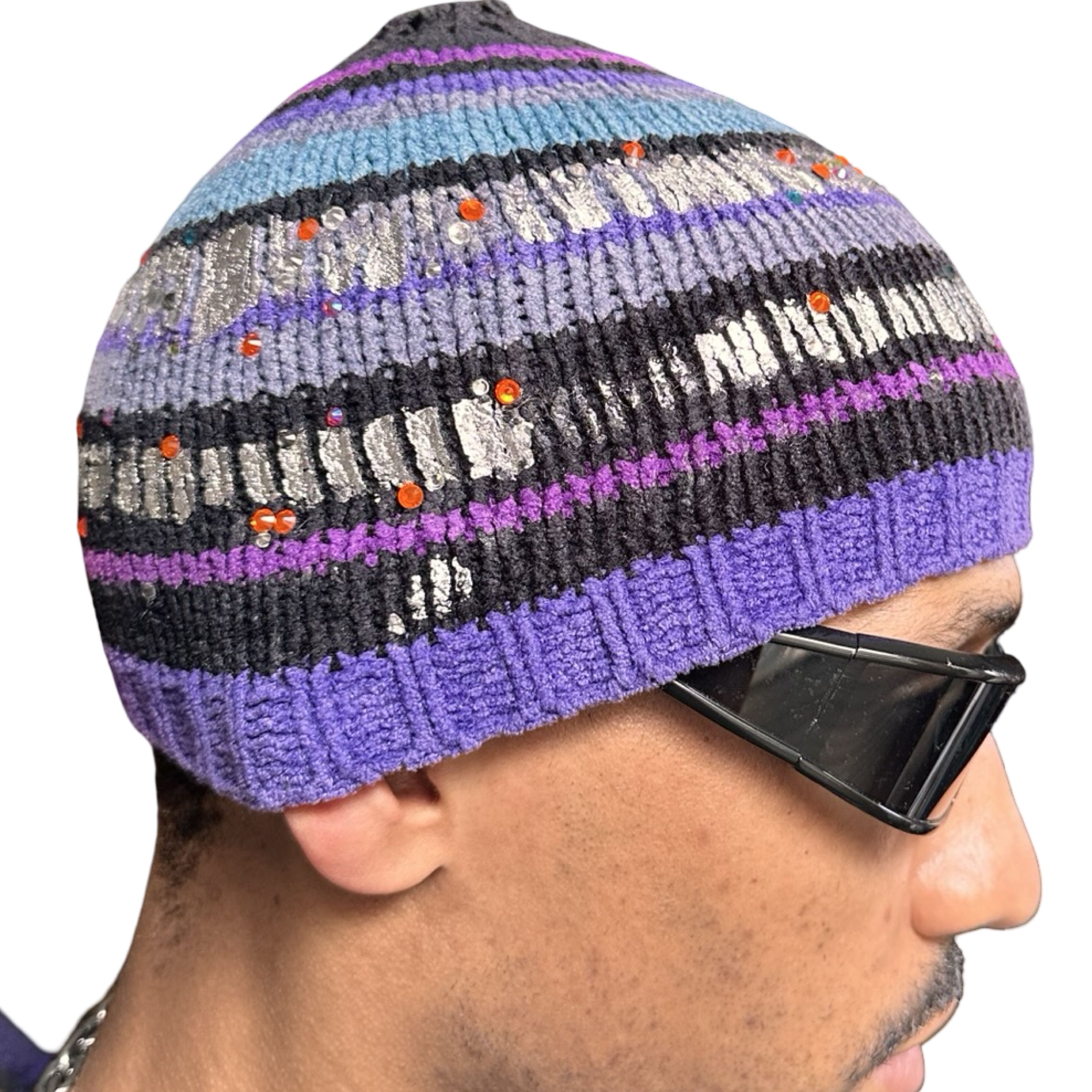 Vintage ASTROBOI* Black/Purple Striped Rhinestone Winter Beanie Size ONE SIZE - 7 Thumbnail