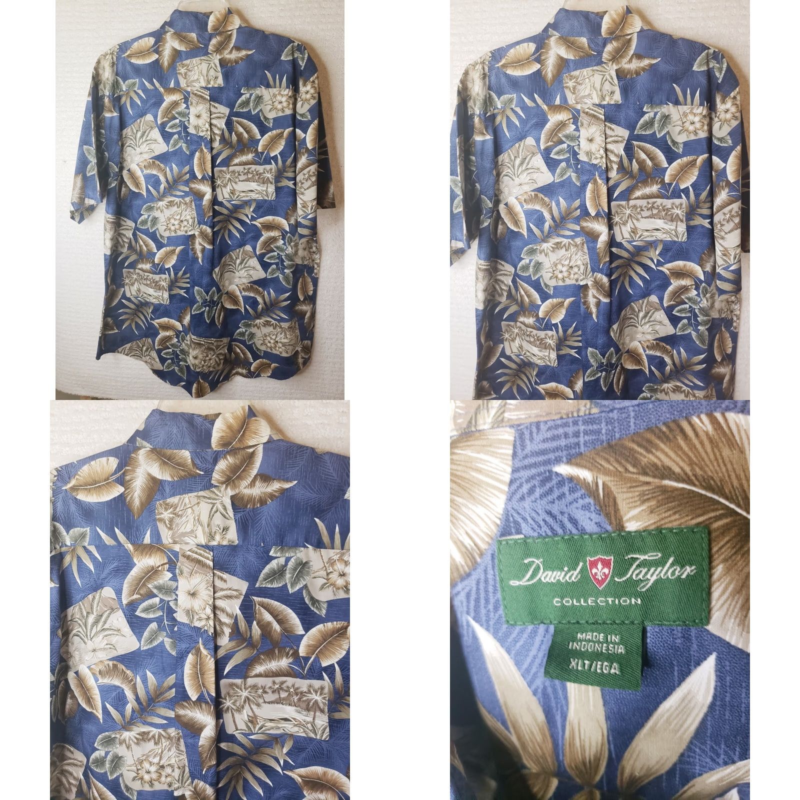 Vintage David Taylor Hawaiian Camp Shirt XLT Tan Blue Palms Ocean Mountains Men's Big & Tall Cotton Casual Summer Button-Up Collared Short Sleeve Relaxed Fit Size US XL / EU 56 / 4 - 8 Thumbnail