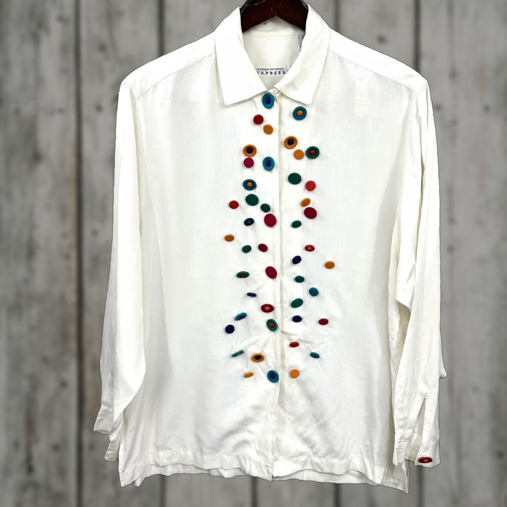 Express VINTAGE Express Blouse Shirt Womens S Ivory 90s Clowncore Button Collared Long Sleeve Retro Boho 80s 90s Womens Size S / US 4 / IT 40 - 1 Thumbnail