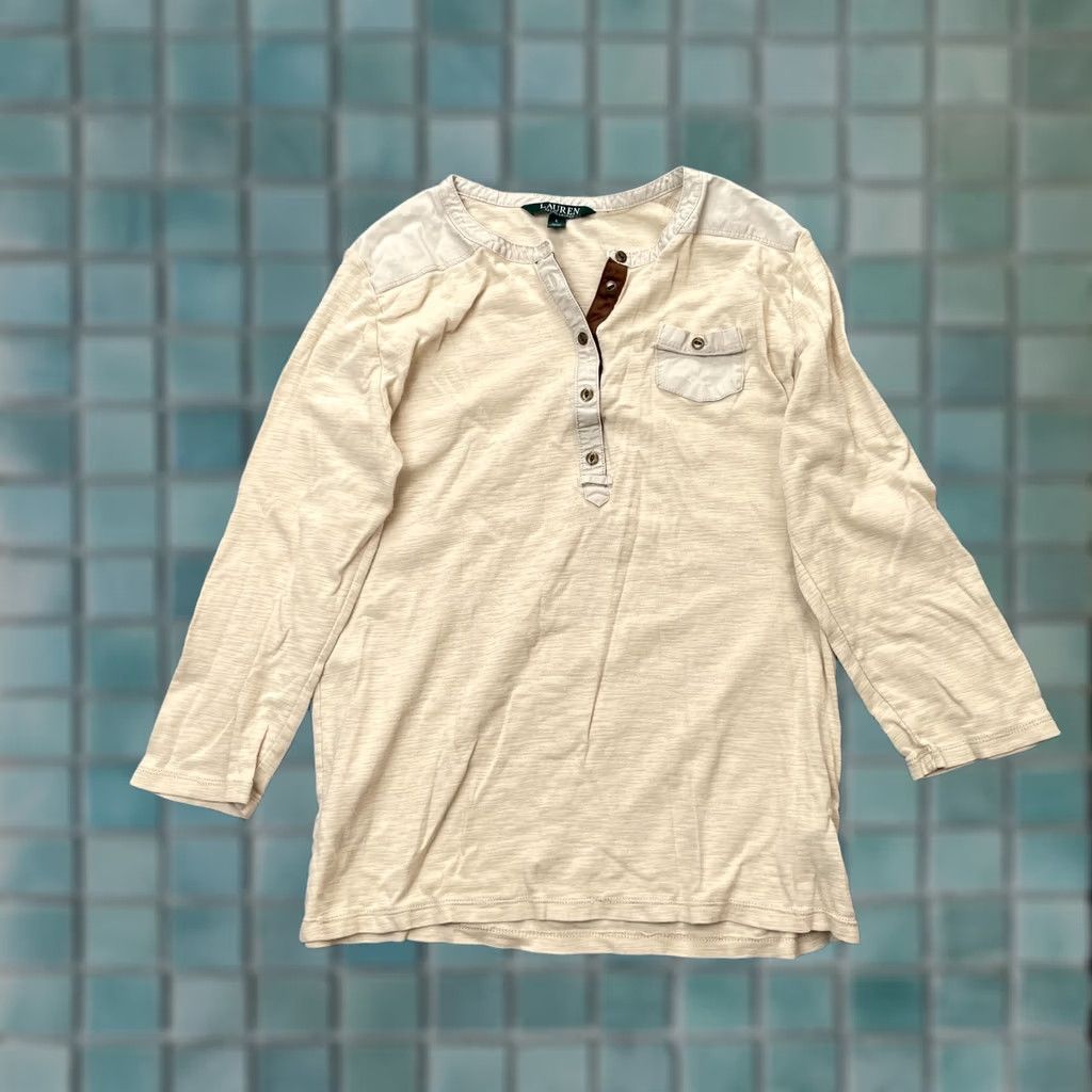 Ralph Lauren Lauren Ralph Lauren Womens Large Beige Cotton Henley Shirt Leather Trim Top Size L / US 10 / IT 46 - 1 Thumbnail