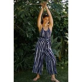 Anthropologie Anthropologie Navy Tie-Dye Striped Jumpsuit Tie Detail Size 26" / US 2 / IT 38 - 4 Thumbnail