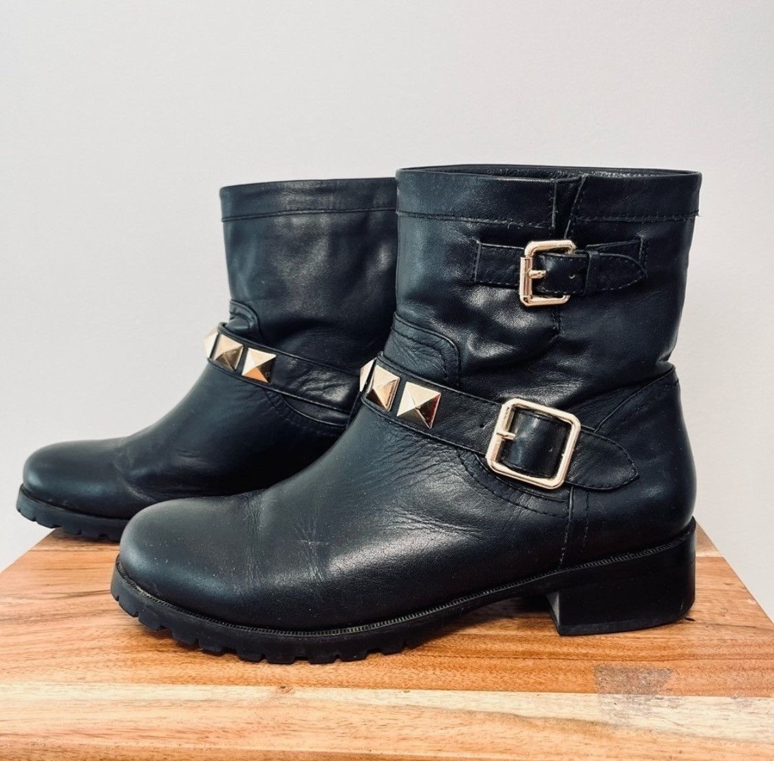 Valentino Valentino Rock Stud Black Leather Combat Biker Ankle Boots Size US 6 / IT 36 - 2 Thumbnail
