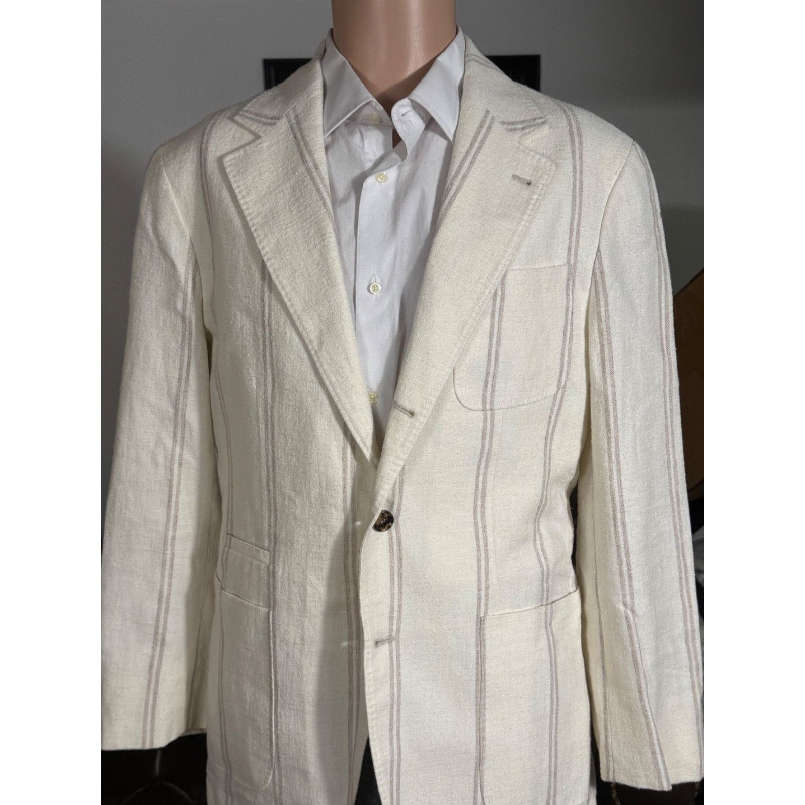 Brunello Cucinelli Brunello Cucinelli Ivory Striped Linen Wool Silk Jacket 40R Size 40R - 1 Thumbnail