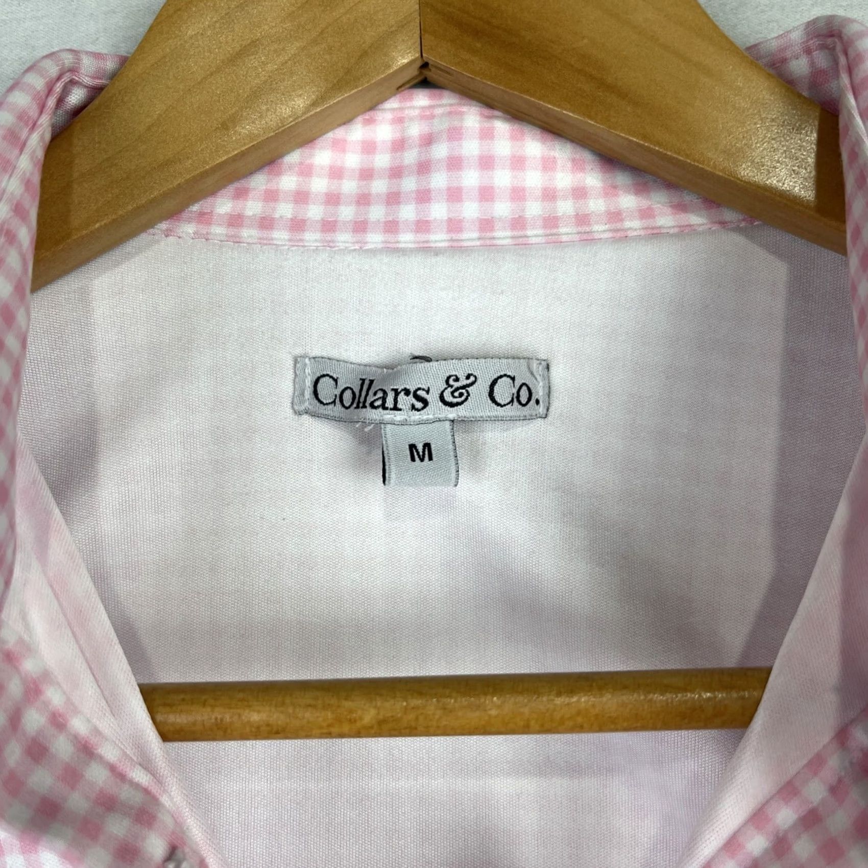 CO Collars & Co Polo Shirt Mens Medium Pink Gingham Check Dress Collar Button Up Shirt Size 40R - 4 Thumbnail