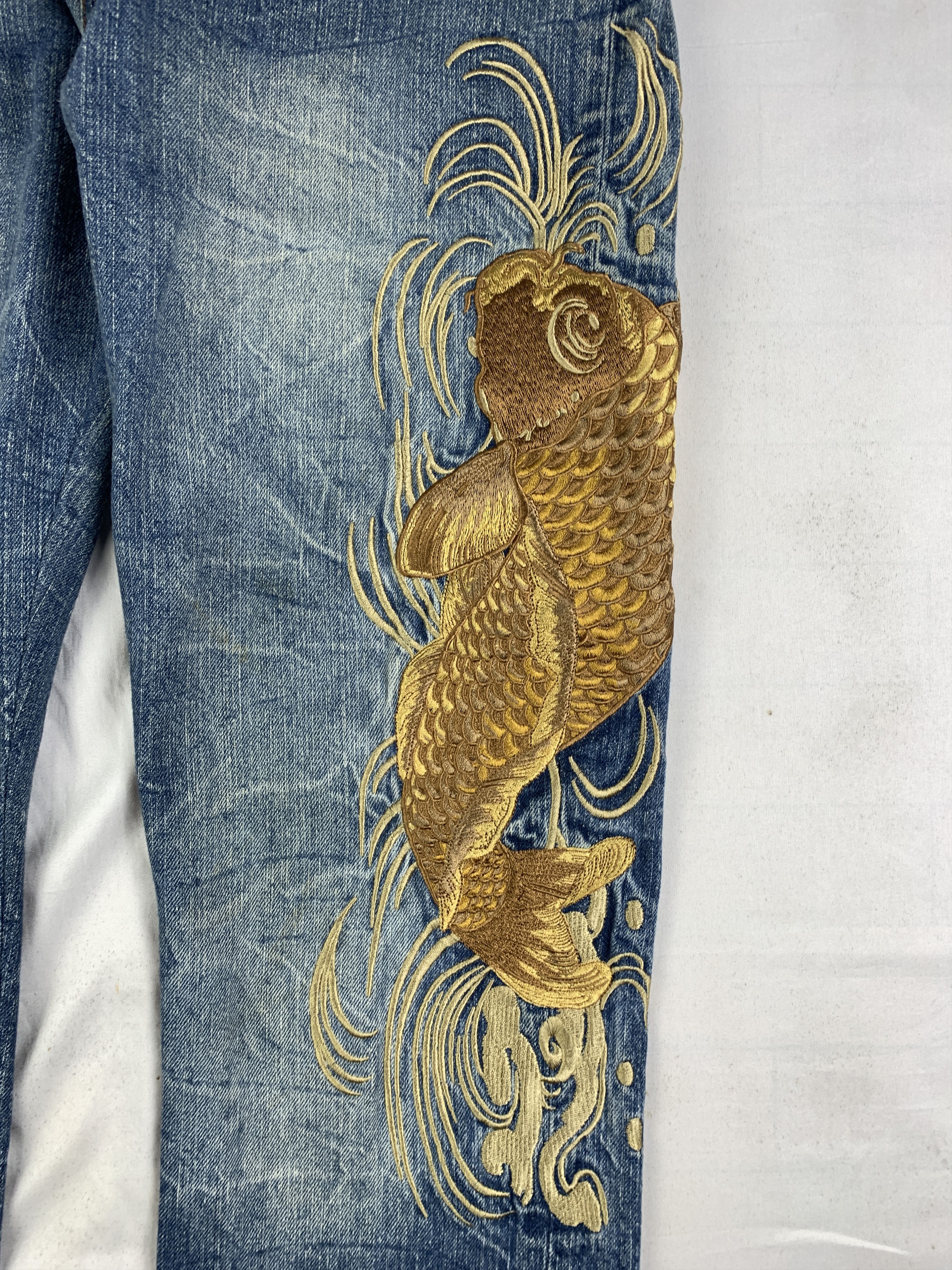 Japanese Brand Hishyouhakurei Blue Sukajan Koi Lily Relaxed Jeans (36) Size US 36 / EU 52 - 4 Thumbnail