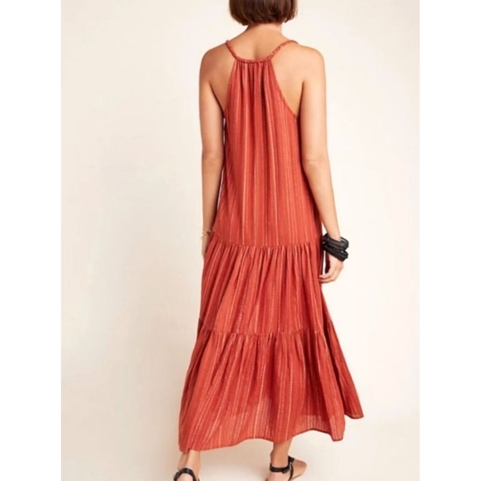 Anthropologie FRYE Anthropologie Alyssa Tiered Maxi Dress L Women's Orange Gold Metallic New Size L / US 10 / IT 46 - 2 Thumbnail