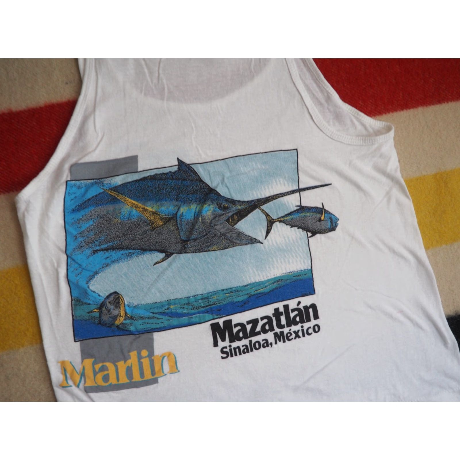 Vintage VTG 80s Fajer Mazatlan Mexico Marlin Fish Tuna Art White Tank Top T-Shirt M Mens Cotton Sleeveless Graphic Tee 1980s Size US M / EU 48-50 / 2 - 3 Thumbnail