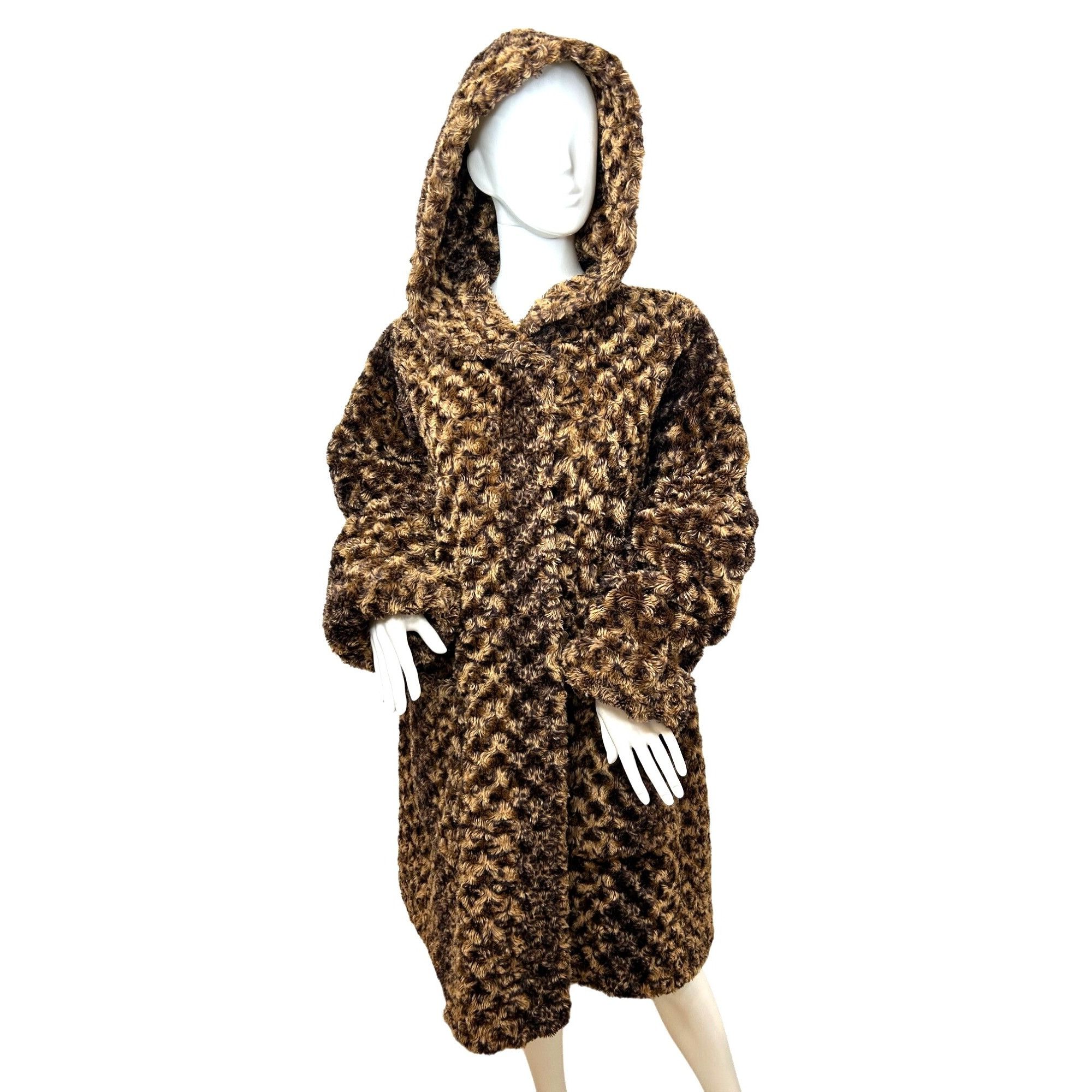 image of John Weitz Vintage Coat M Brown Tan Curly Faux Fur Hood Pock, Women's (Size Medium)