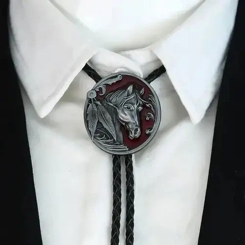 Cowboy Equipment × Vintage Vintage Oval Horse Head Leather Cord Bolo Tie Size ONE SIZE - 1 Thumbnail