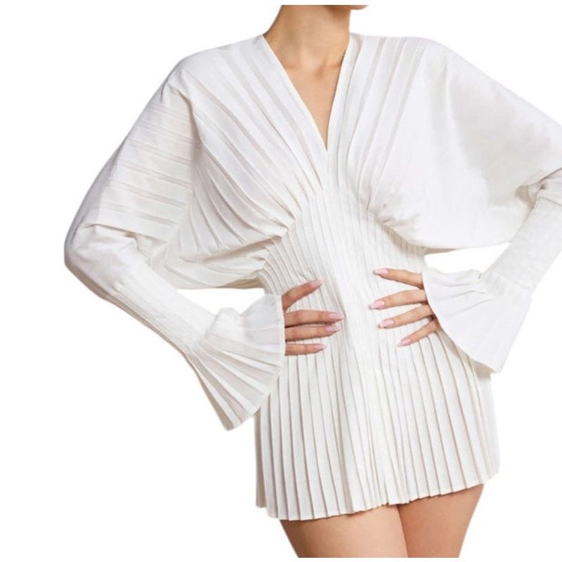 Other Commense Pleated Bell Sleeve V-Neck Twill Cloth Mini Dress Size S / US 4 / IT 40 - 2 Thumbnail