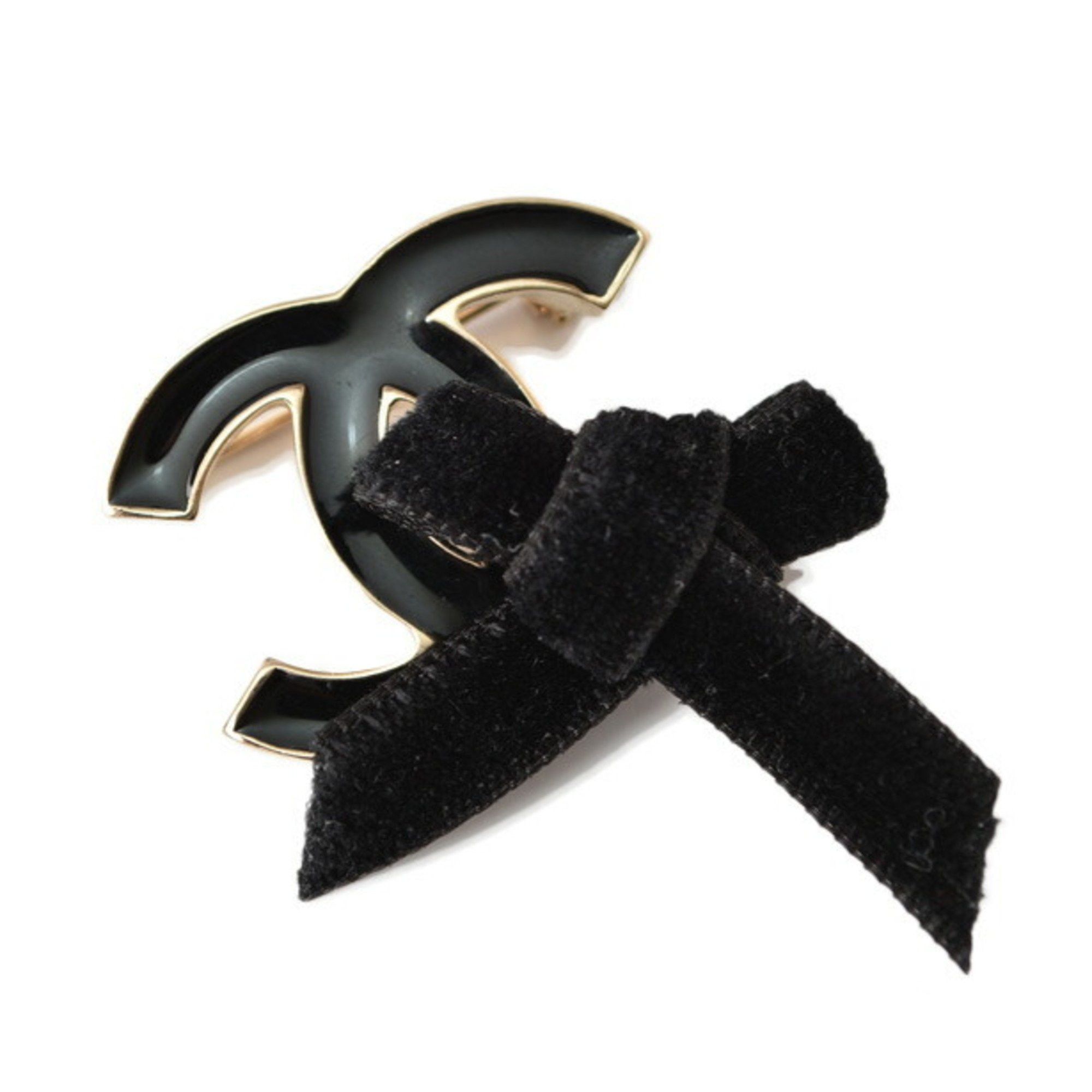 image of Chanel Brooch Pin Here Mark Ribbon Motif Gold Black, Women's