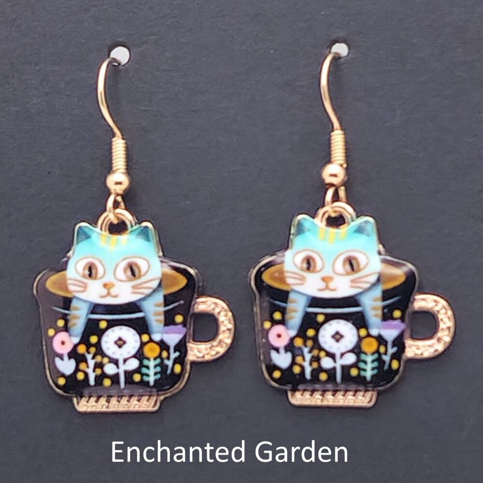 Other Cat Floral Black Teacup Earrings Handmade Size ONE SIZE - 1 Thumbnail
