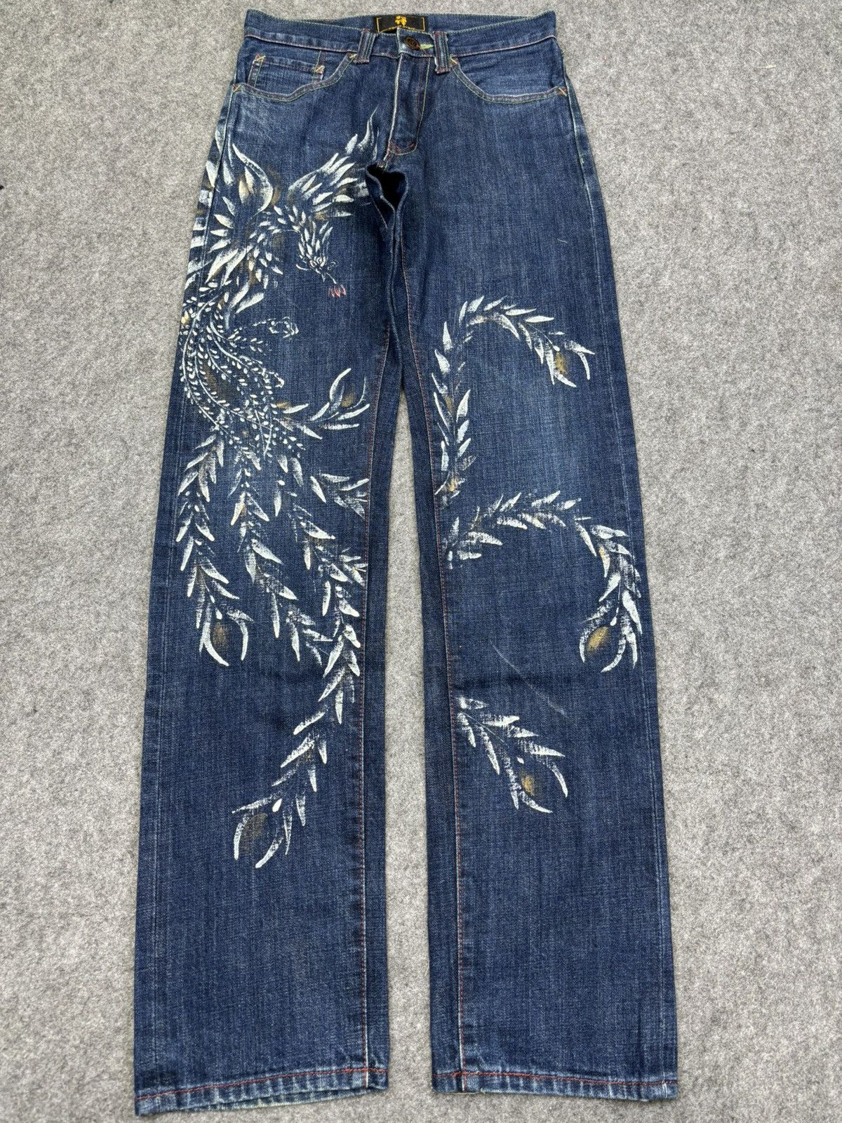 Japanese Brand 💥Artisanal💥Zen Clothing Flying Pheonix Mural Denim F706 Size US 27 - 21 Thumbnail