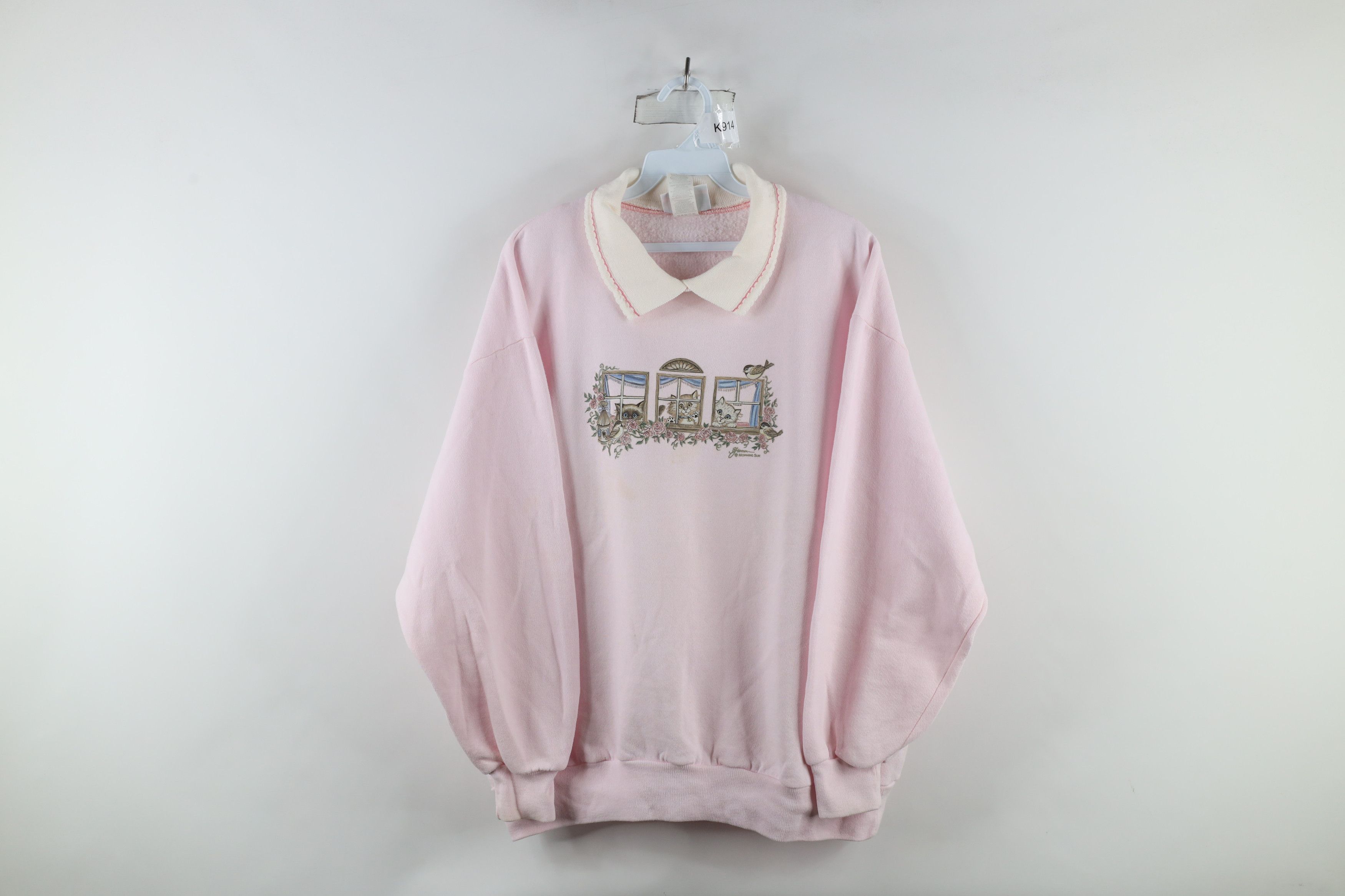 Vintage Vintage 90s Streetwear Flower Collared Sweatshirt Pink USA Size XL / US 12-14 / IT 48-50 - 1 Thumbnail
