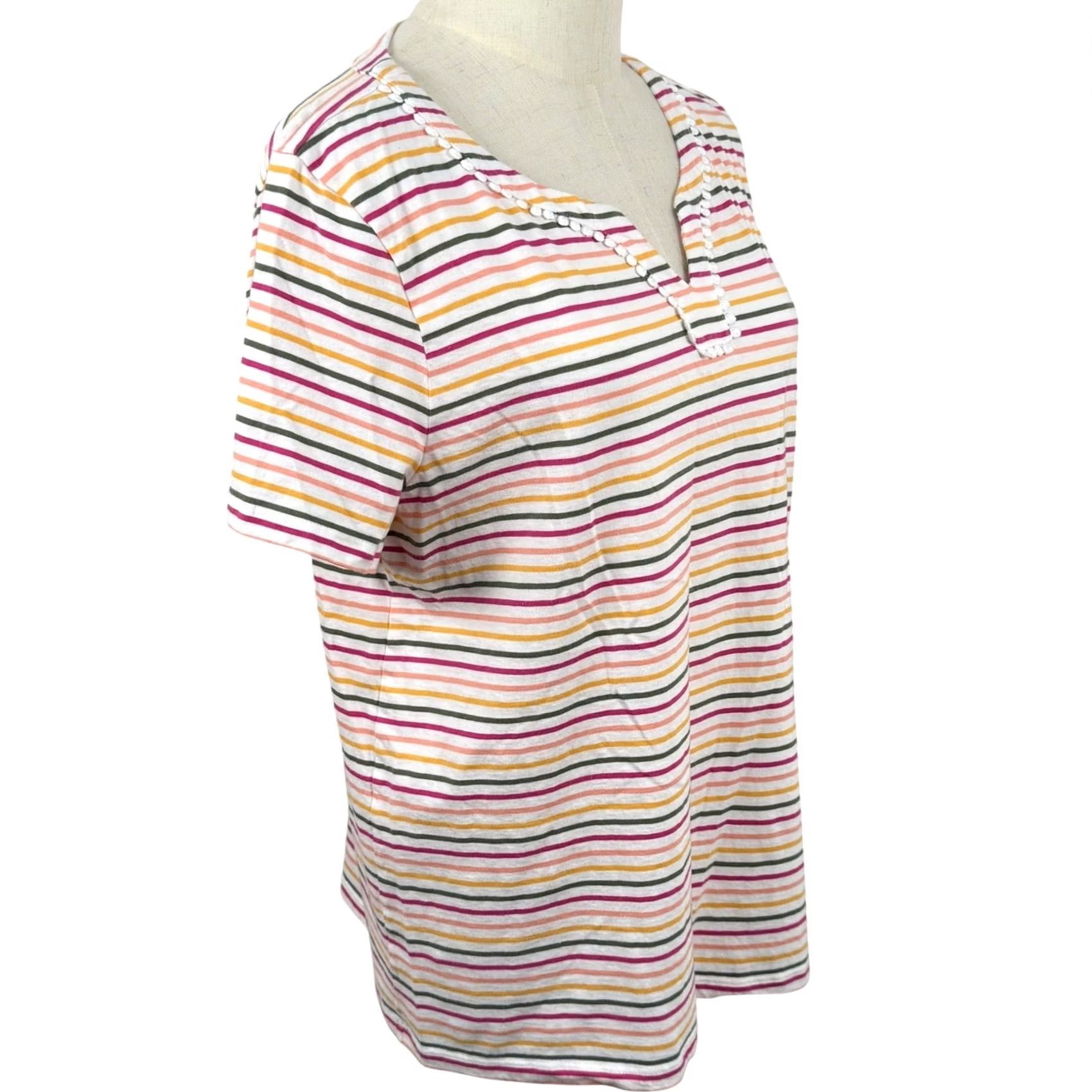 Talbots Talbots L Top Colorful Rainbow Striped Pom Notch V Neck Cotton Coastal EUC Size L / US 10 / IT 46 - 5 Thumbnail