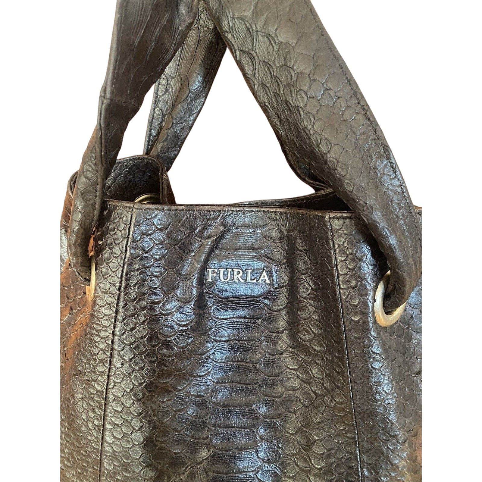 Furla Furla Brown Soft Croc Leather Shoulder Italian Bag Size ONE SIZE - 9 Thumbnail