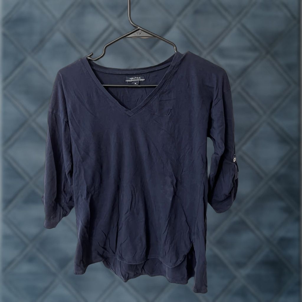 Nautica Nautica Womens 3/4 sleeve V neck blue/white striped top, size Medium Size M / US 6-8 / IT 42-44 - 1 Thumbnail