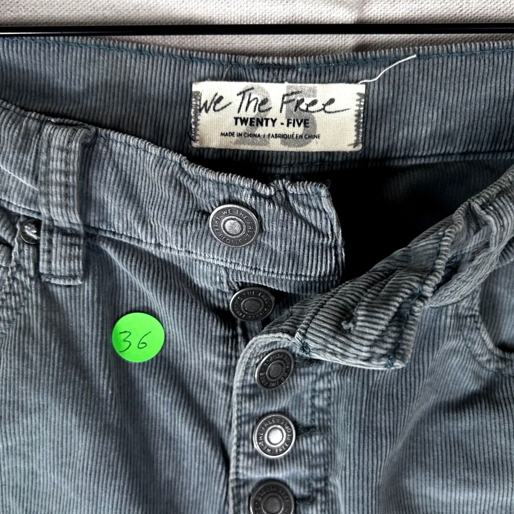 Free People We The Free Free People 25 Sage Green Corduroy High Rise Skinny Pants Button Fly Women’s Slim 27in Inseam Gray Size 42" / US 20 - 3 Thumbnail