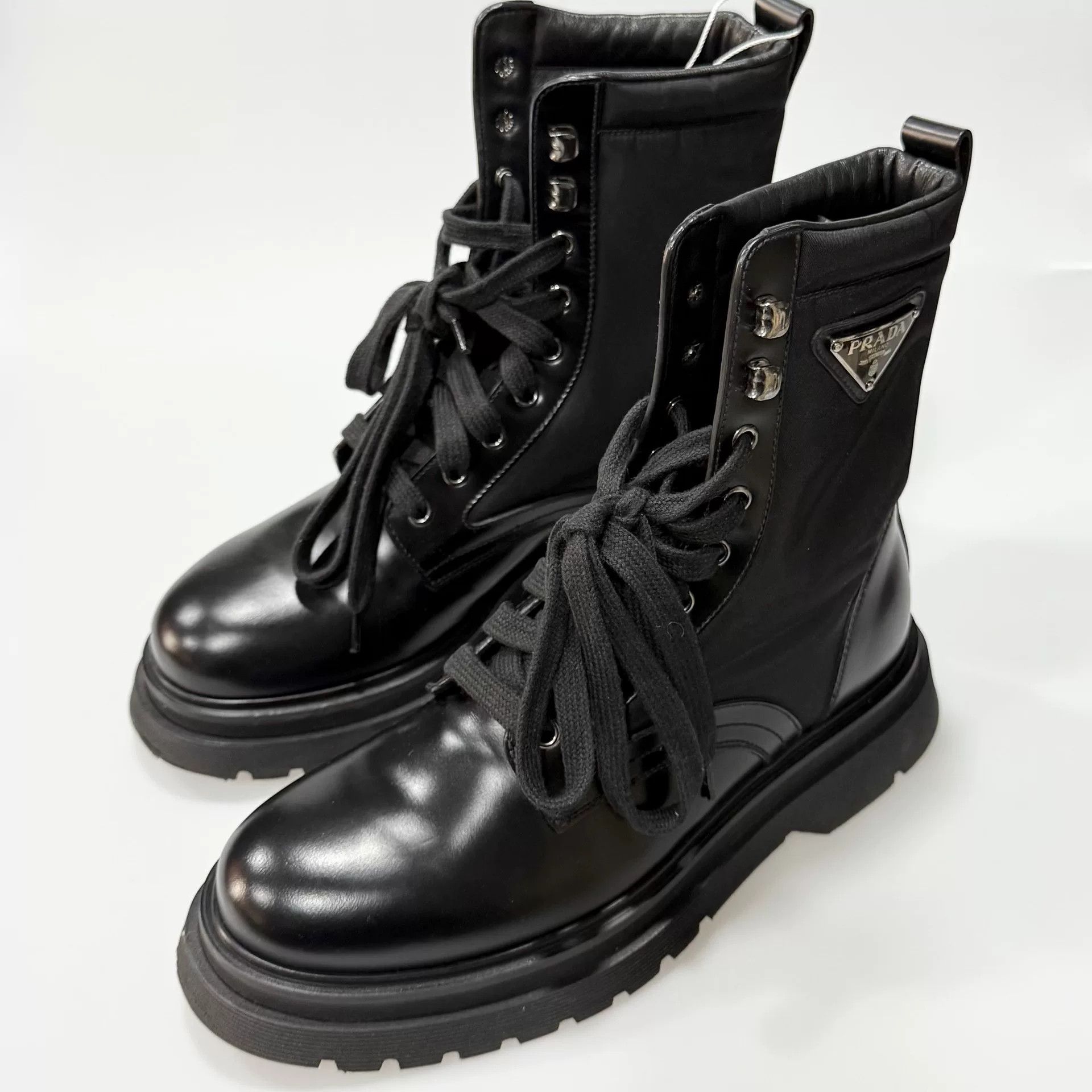 Prada Prada Black Iron Triangle Logo Martin Boots Size US 7 / IT 37 - 1 Thumbnail