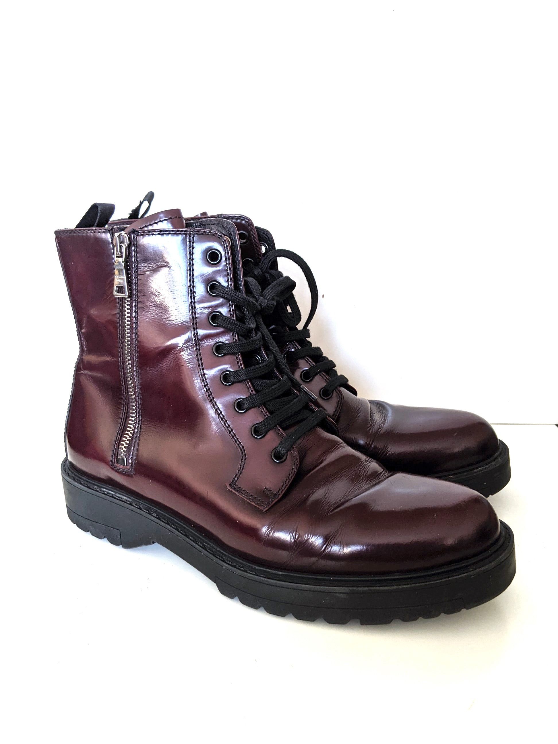 Prada PRADA lace up boots burgundy leather combat 40 Size US 10 / IT 40 - 1 Thumbnail