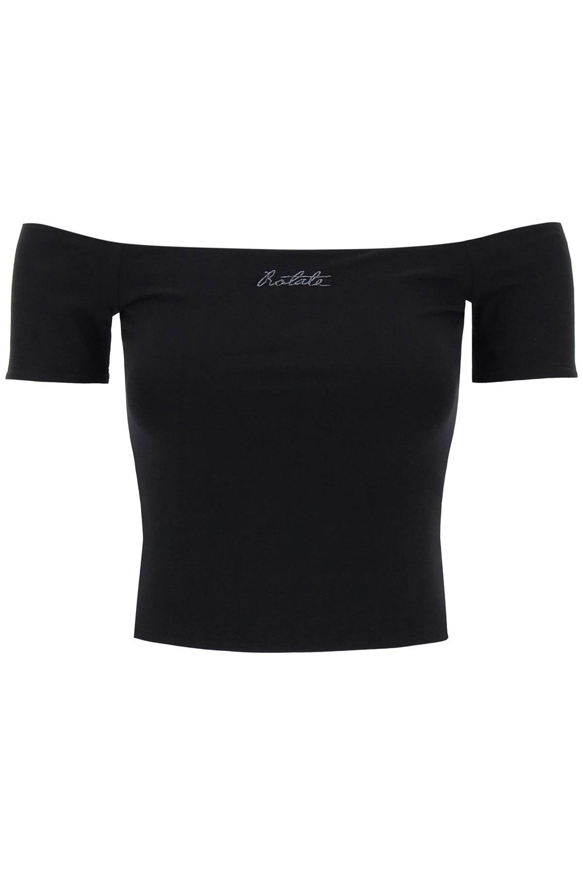 image of Rotate Birger Christensen Rotate Off-Shoulder T-Shirt With Embroidered Lure in Black, Women's (Size