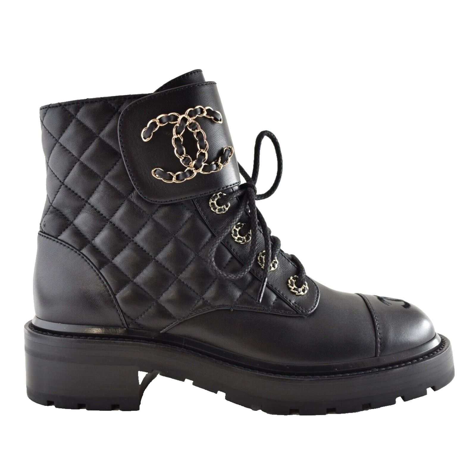 Chanel Chanel 21A Black Quilted Gold CC Chain Combat Lace Up Size US 6 / IT 36 - 1 Thumbnail