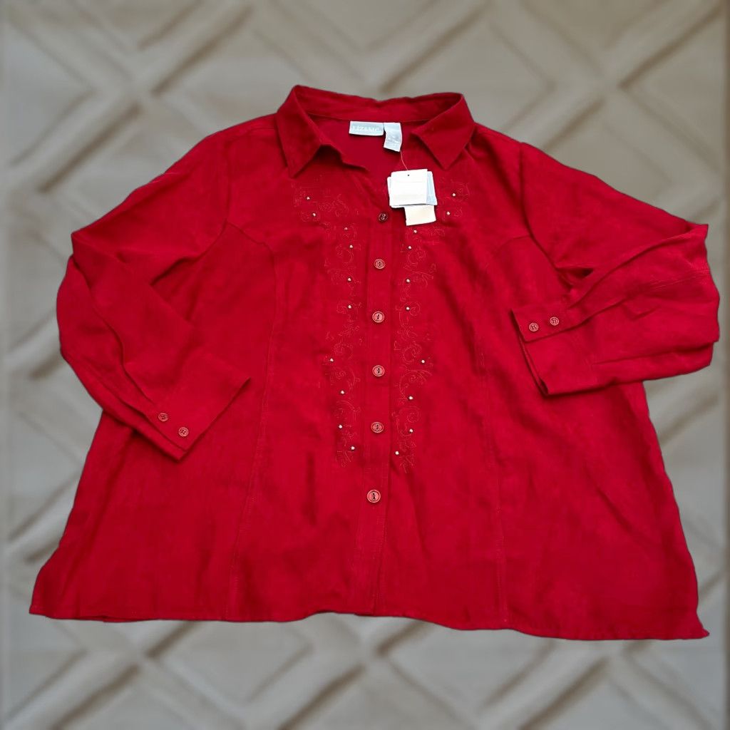 Vintage Liz & Me Shirt Womens XL Red Long Sleeve Button-Up Embroidered Studded NWT New Velvet Suede Fashion? Size XL / US 12-14 / IT 48-50 - 1 Thumbnail