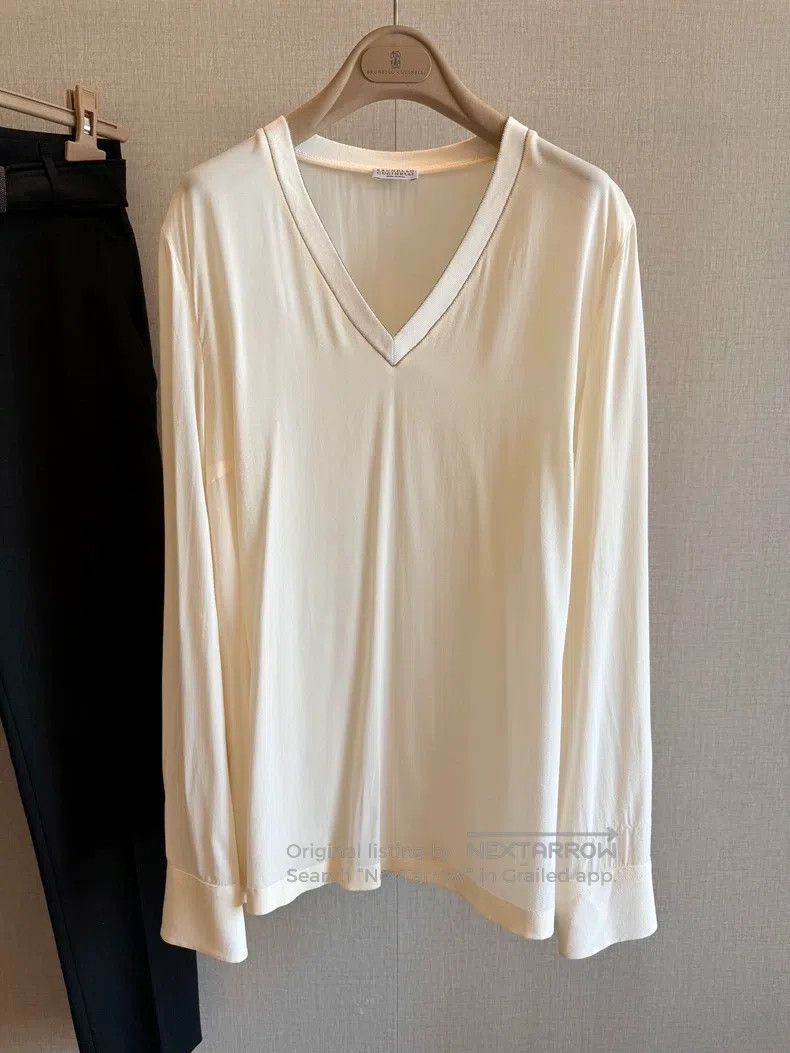 Brunello Cucinelli Brunello Cucinelli Silk Long Sleeve Beaded Top Size L / US 10 / IT 46 - 1 Thumbnail