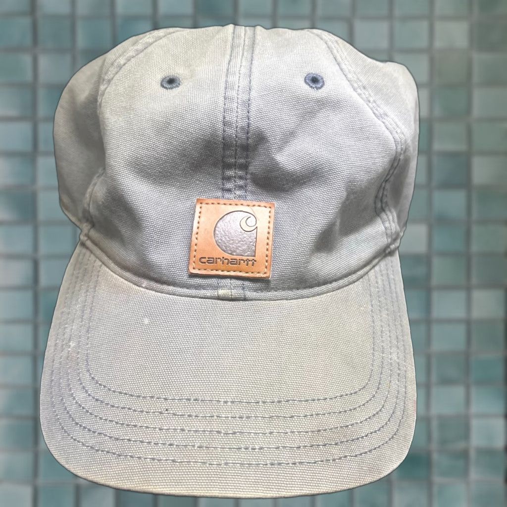 Carhartt VINTAGE? Wait no: Carhartt Leather Logo Strap Back Adjustable Cap Hat Men Gray Canvas Baseball Hat Mens Adjustable Carhartt Cap Size ONE SIZE - 1 Thumbnail