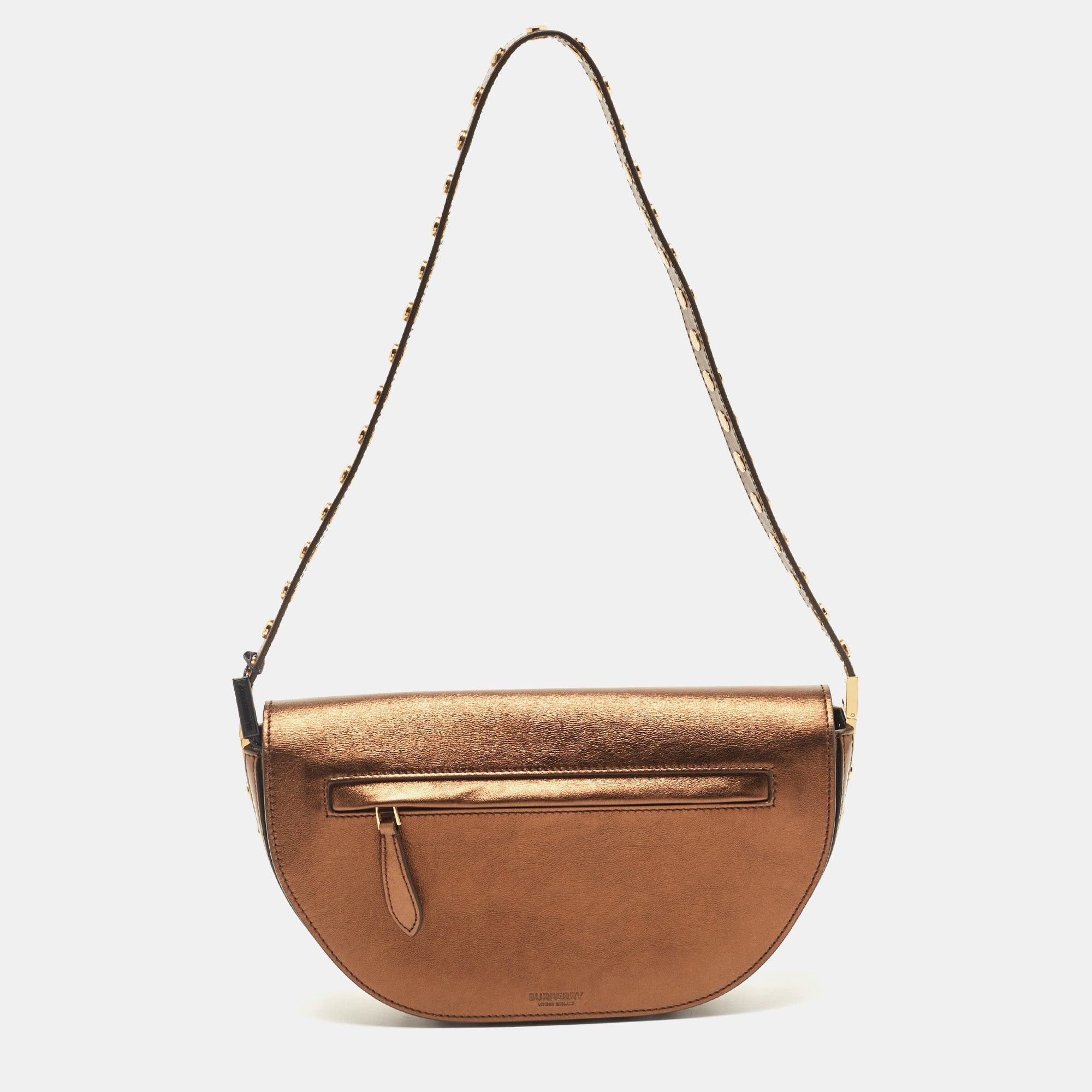 image of Burberry Bronze Leather Small Studded Olympia Shoulder Bag in Brown, Women's