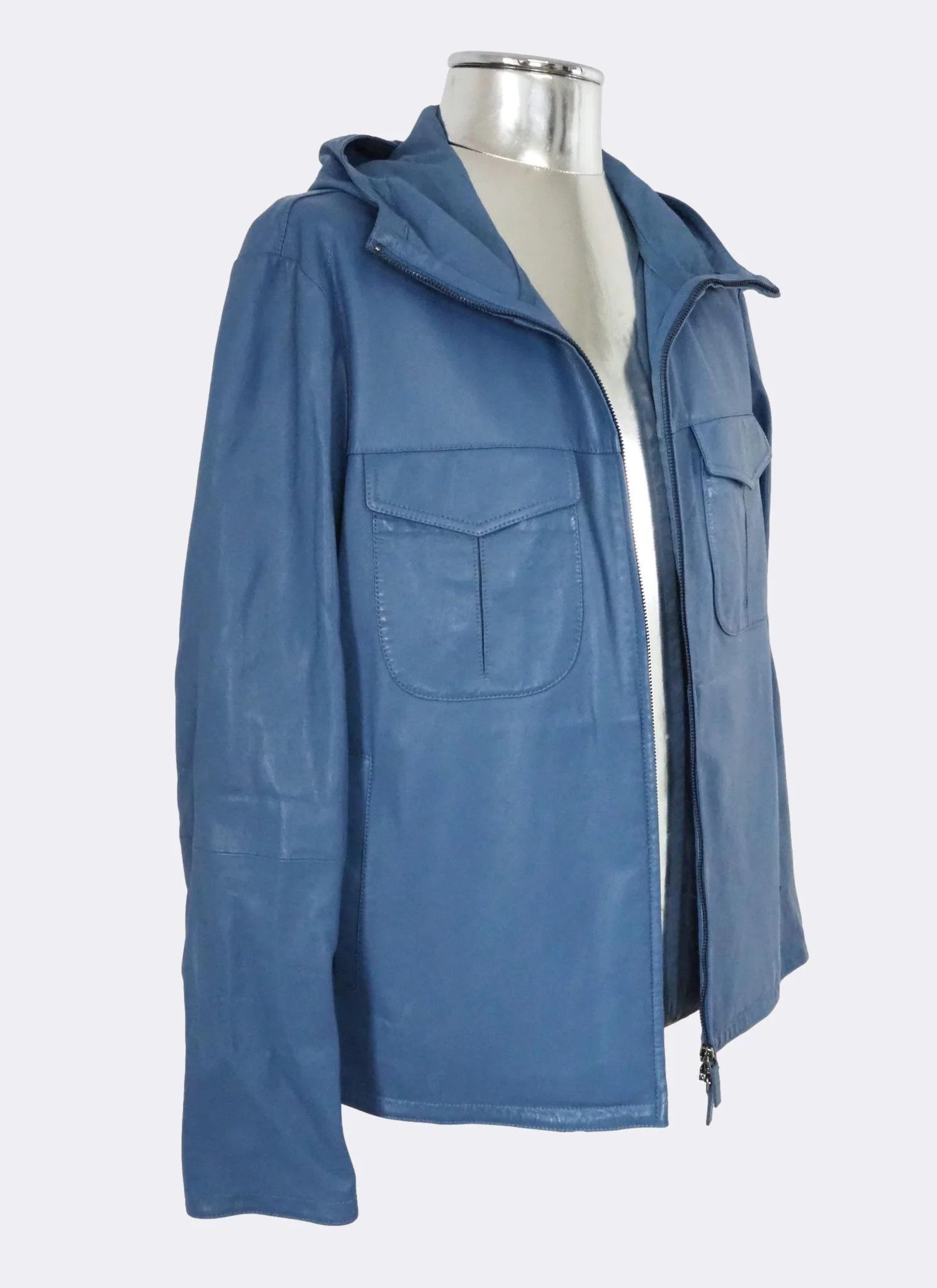Emporio Armani Light Blue Hooded Zip-Front Leather Jacket $1175 Size US L / EU 52-54 / 3 - 6 Thumbnail