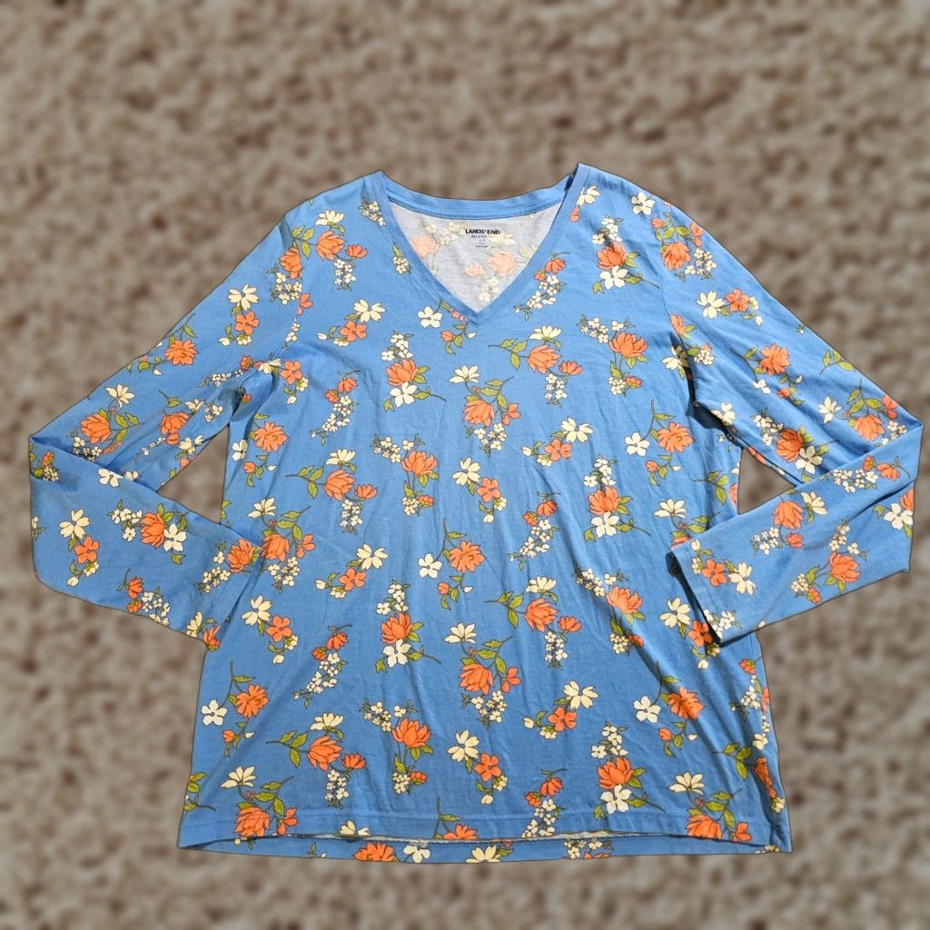 Lands' End Lands' End Top Shirt Womens Large Blue Floral V Neck Long Sleeve Stretch Casual Blouse Size L / US 10 / IT 46 - 1 Thumbnail