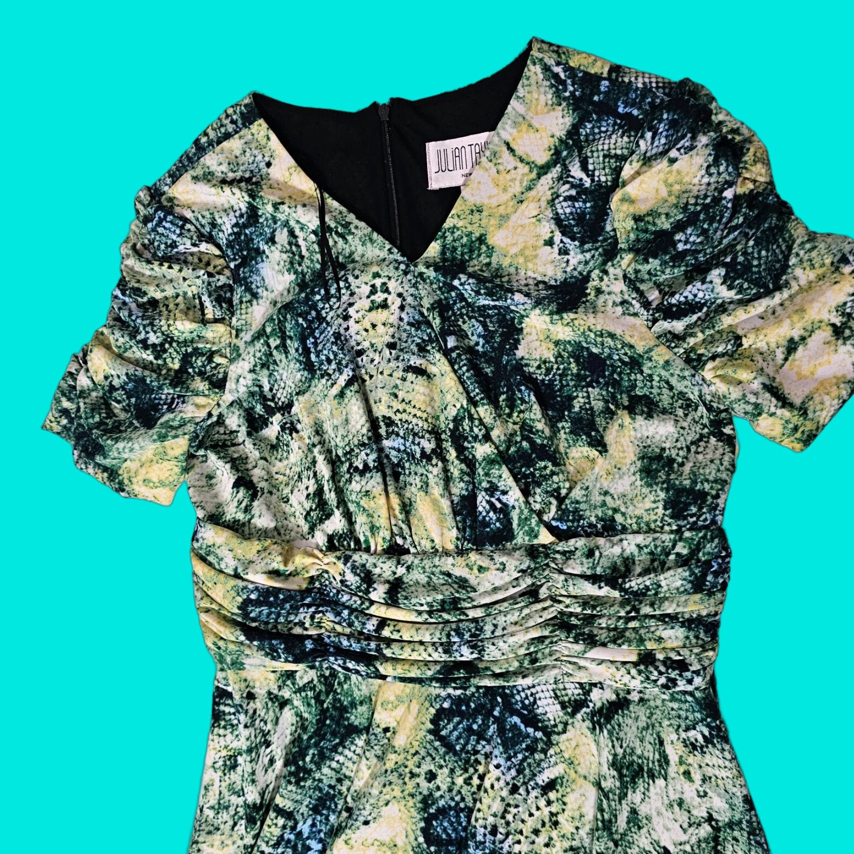 Vintage JULIAN TAYLOR GREEN MULTI PRINT STRETCH JERSEY SLEEVELESS DRESS SIZE 10 Back Zip Size L / US 10 / IT 46 - 1 Thumbnail