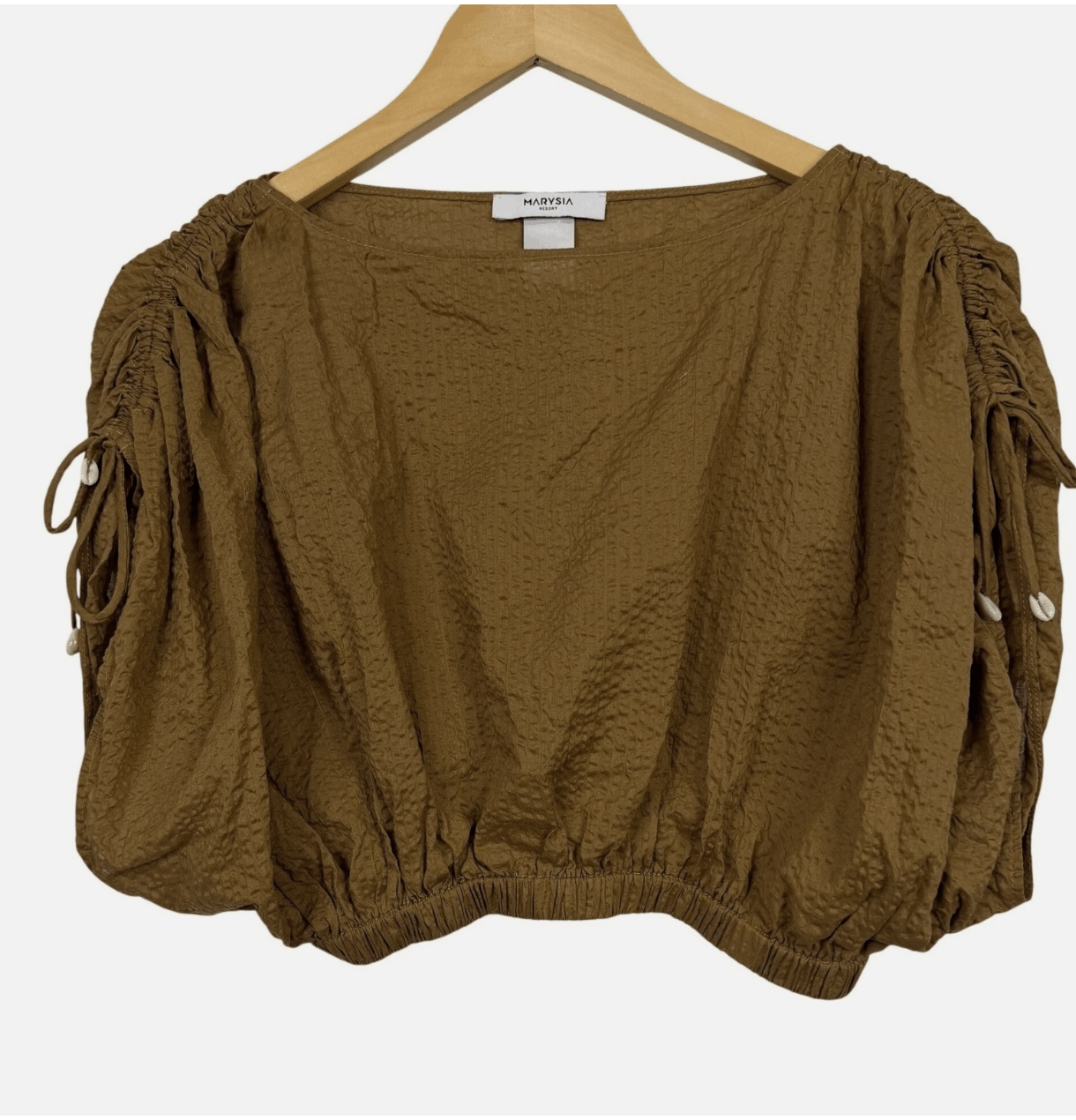 Marysia Marysia Resort Brown Seersucker Puff Sleeve Cropped Top Size XS / US 0-2 / IT 36-38 - 3 Thumbnail