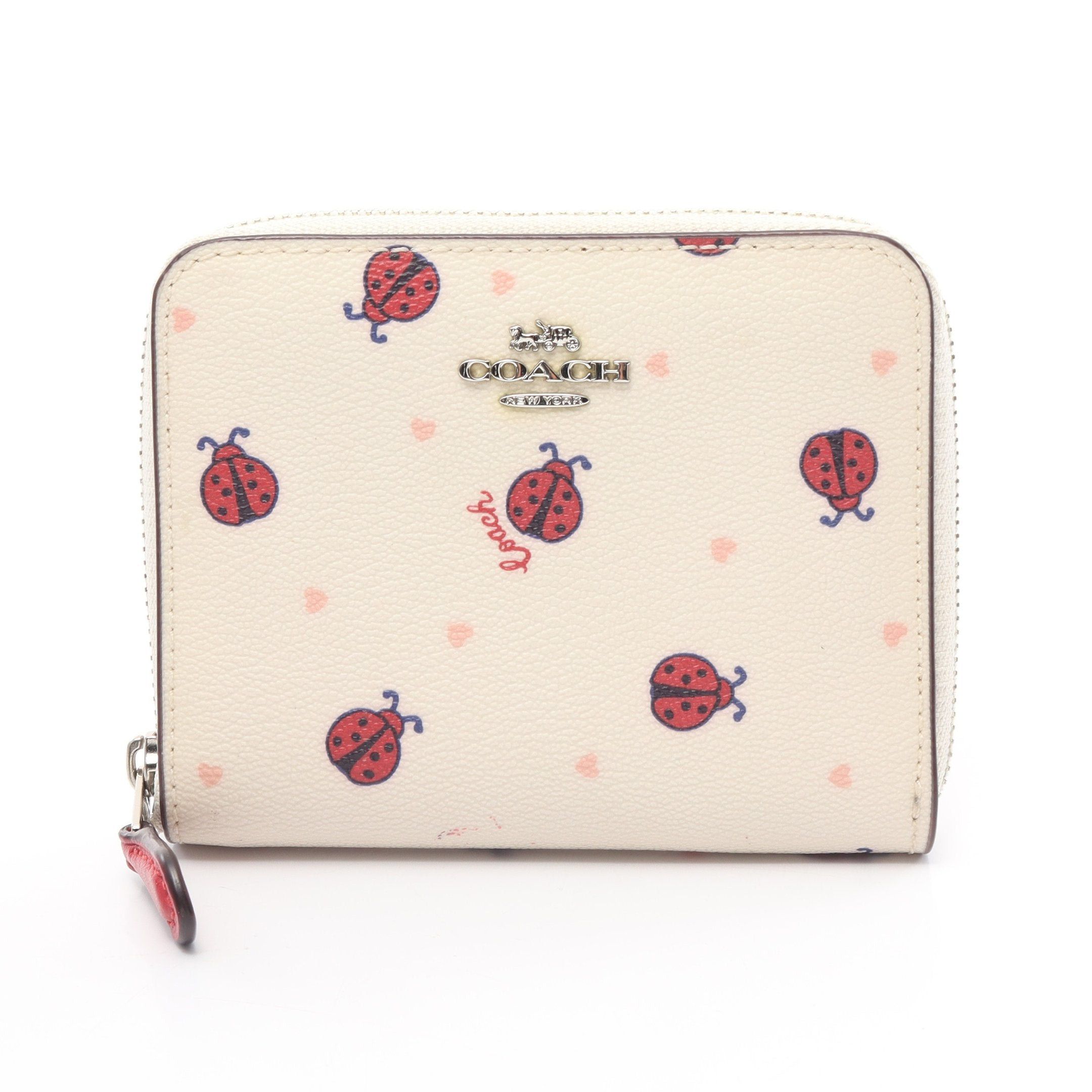 image of Coach Small Zip Round Zipper Bifold Wallet Ladybug Pvc Leather Off White Red Multicolor, Women's