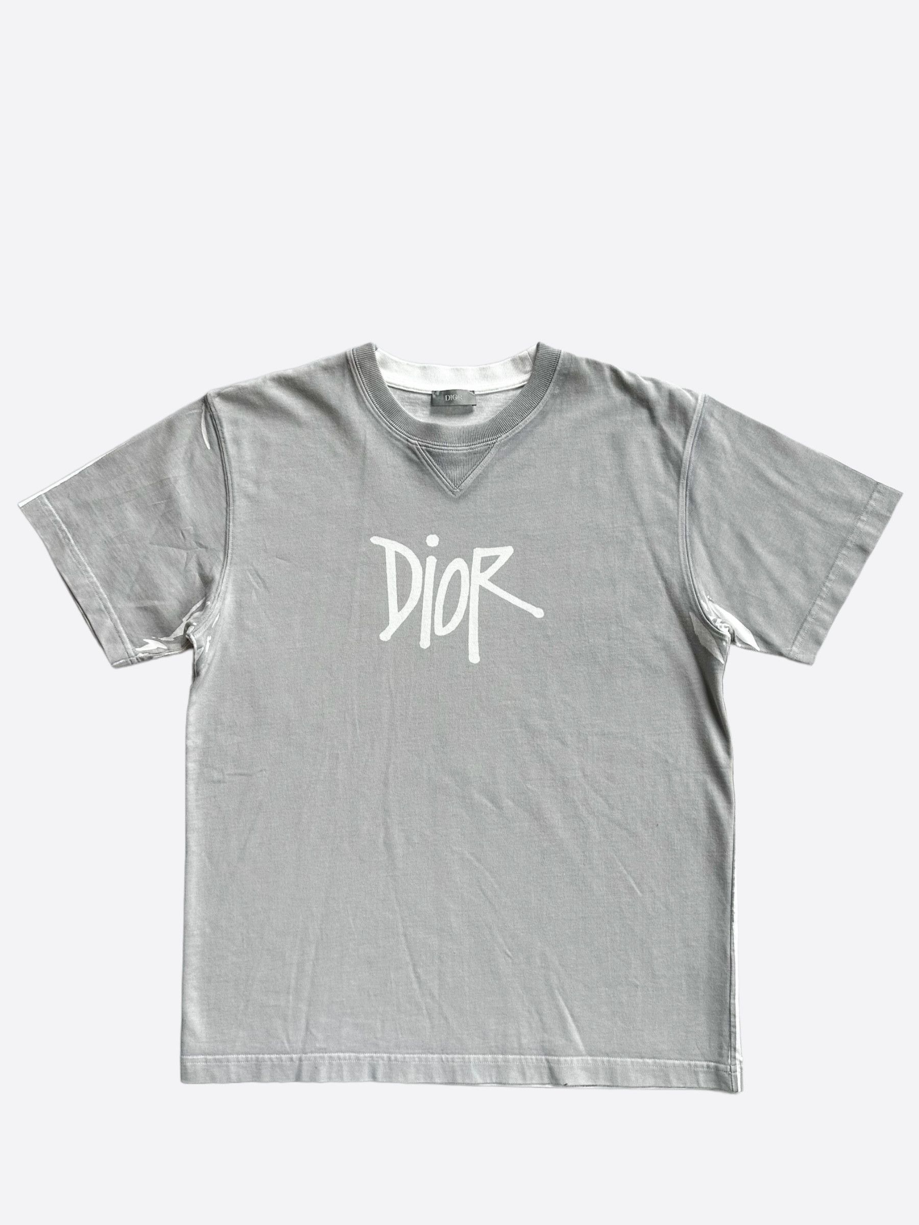 Dior Dior Stussy Grey & White Logo T-Shirt | Grailed