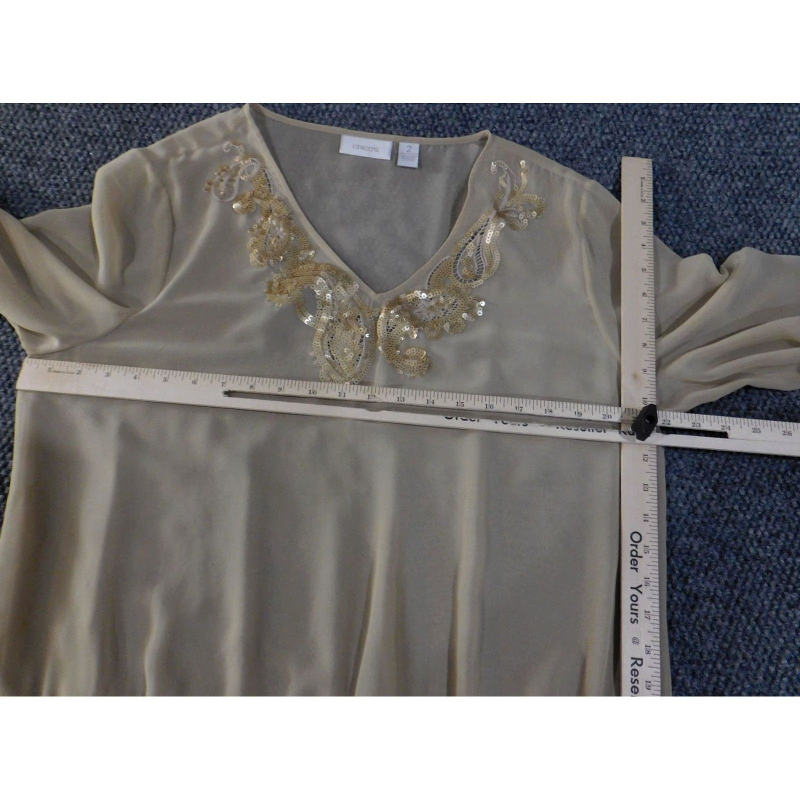 Vintage Chicos Blouse Womens 2 Beige Sheer Embroidered Ruffle Hem Tunic Shirt Long Sleeve V-Neck Casual Knit Polyester Regular Modern Boho Size XS / US 0-2 / IT 36-38 - 6 Thumbnail