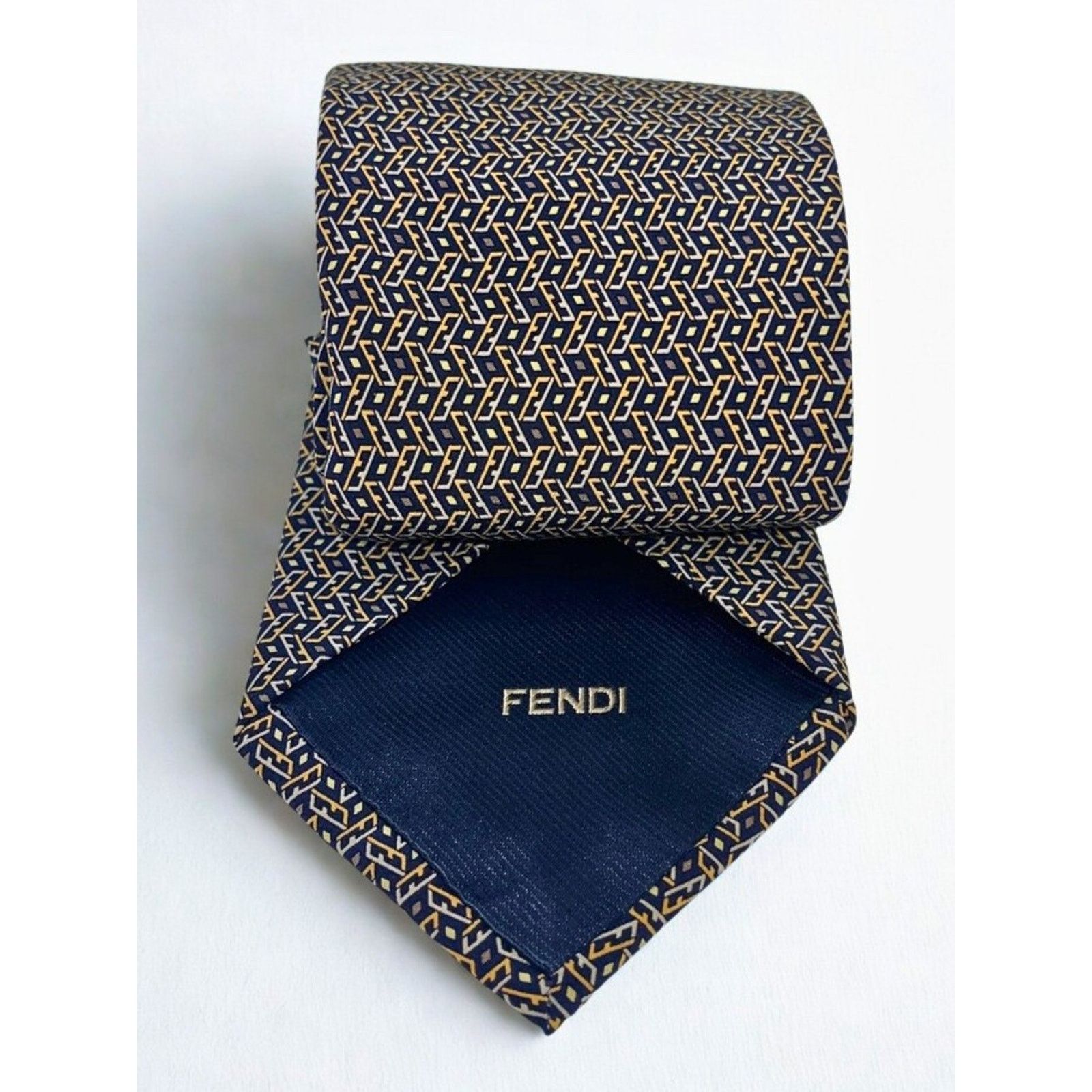 Fendi Fendi Cravatte Vintage Silk Tie Navy Gold All Over FF Logo Size ONE SIZE - 7 Thumbnail