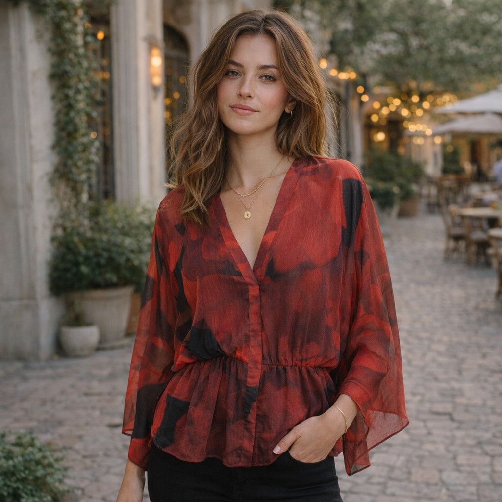 Alice + Olivia Alice + Olivia Women's V-neck Blouse Red Black Rose Medium Size M / US 6-8 / IT 42-44 - 1 Thumbnail