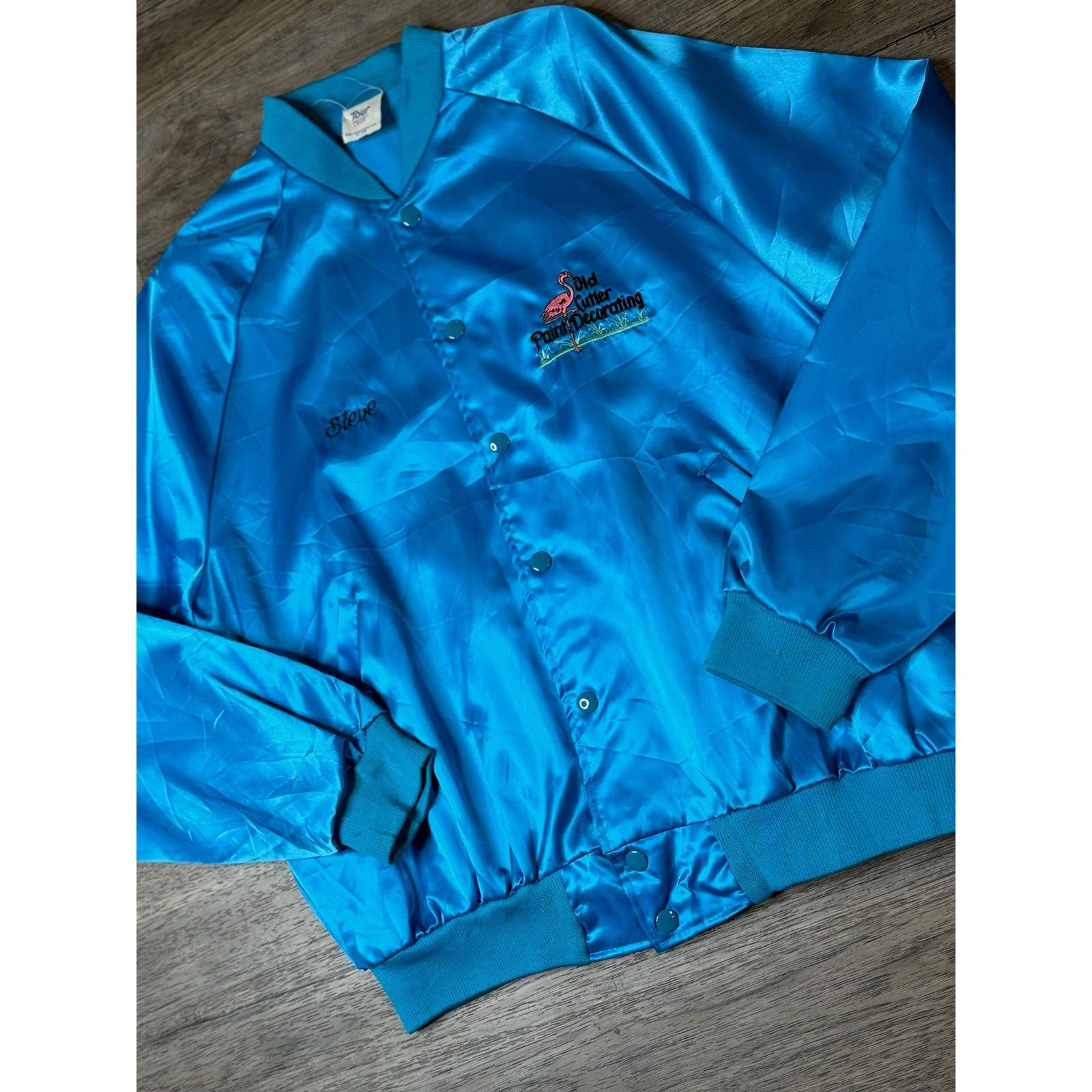 Vintage Vintage Satin Jacket "Steve" Embroidered Flamingo 80s Style Size US L / EU 52-54 / 3 - 3 Thumbnail