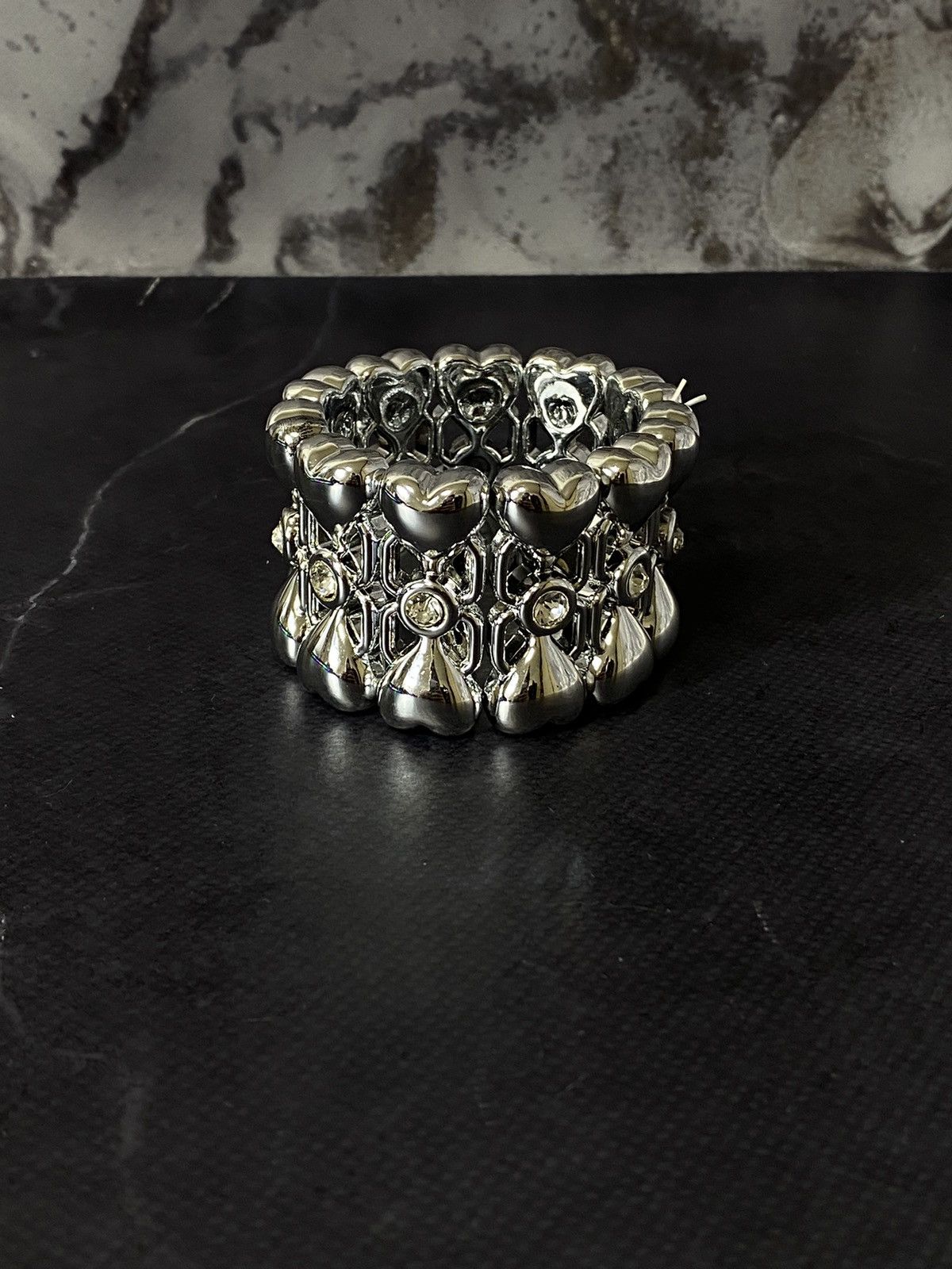 Japanese Brand Vintage Y2K Chunky Heart Bracelet with Rhinestones Size ONE SIZE - 1 Thumbnail
