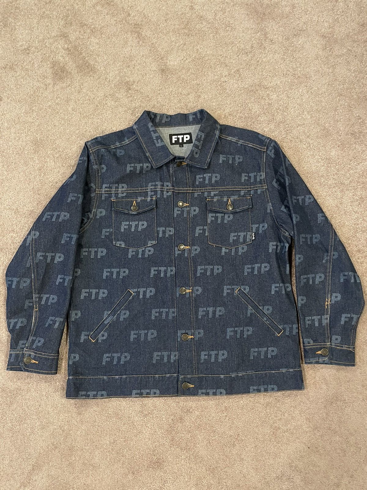 image of Fuck The Population Ftp All Over Denim Jacket in Indigo, Men's (Size Large)