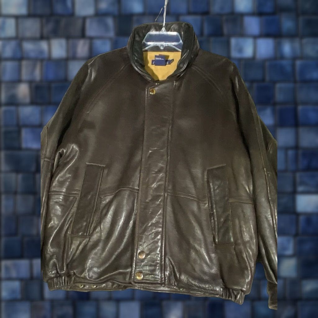 VINTAGE Nautica Men's Leather Jacket Mid-Length Full Zip Hooded