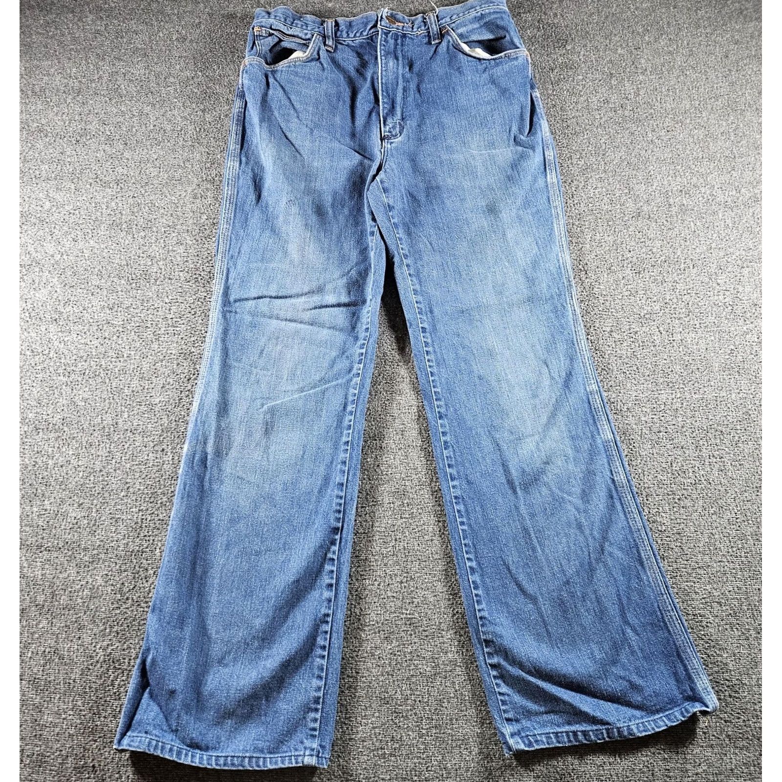 Wrangler VINTAGE Wrangler Jeans 7M561 Mens 31x30 Blue Relaxed Wide-Leg USA Denim Thick Cotton Zip Pockets Light Distressed 80s Mens Size US 31 - 2 Thumbnail