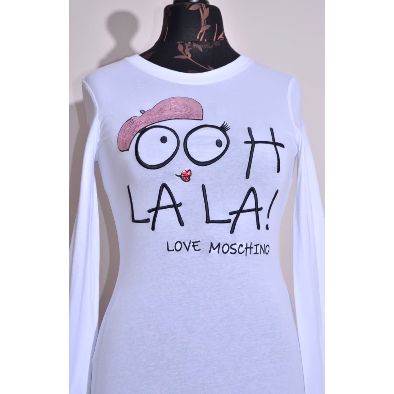 Moschino LOVE MOSCHINO White Cotton ooh la la Print T-shirt Long Sleeve IT38 / UK6 Women Adult Regular XS? Size M / US 6-8 / IT 42-44 - 2 Thumbnail