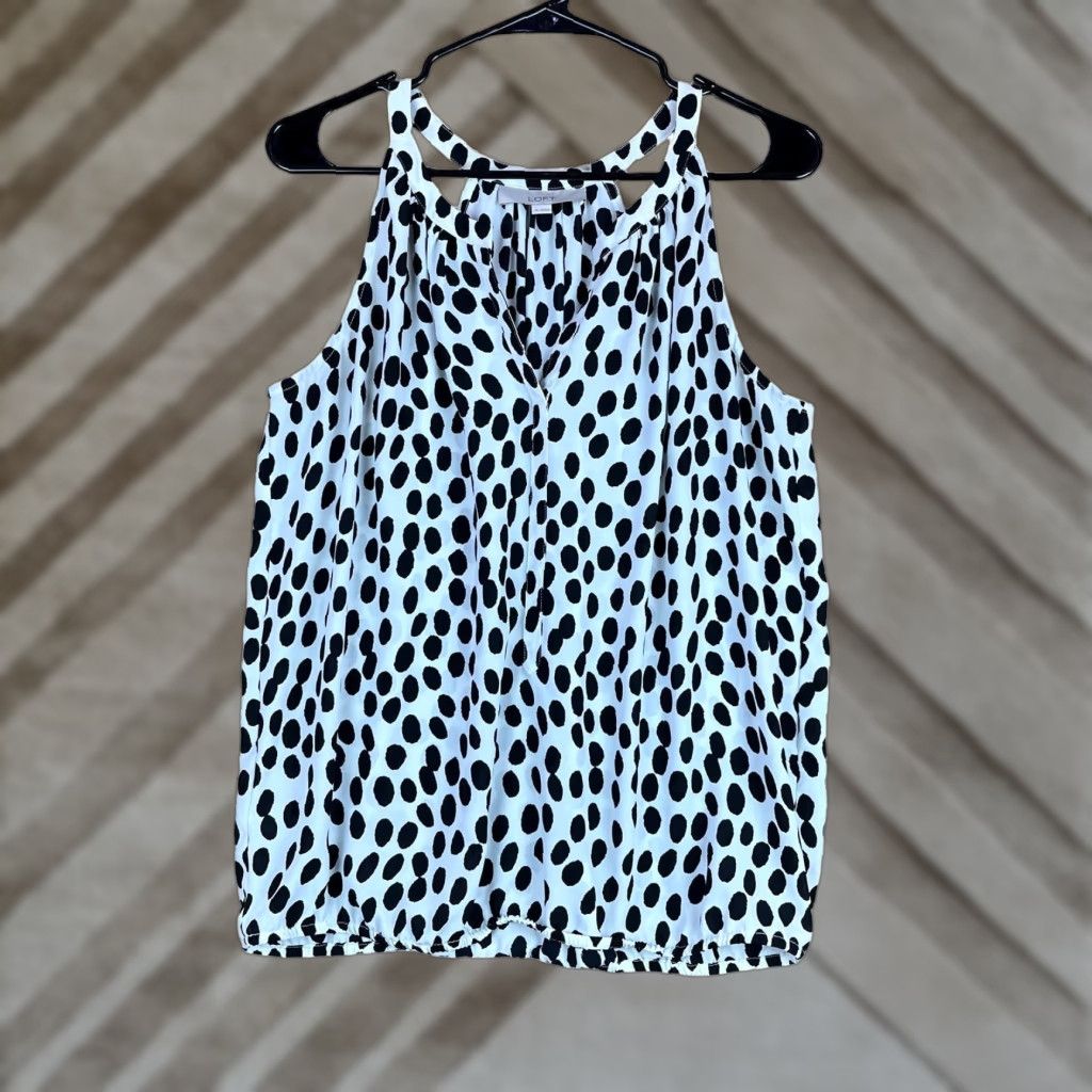 Vintage Ann Taylor Loft Womens Blouse White Black Spots Polka Dot Vneck Tank Flowy M (Size Medium)